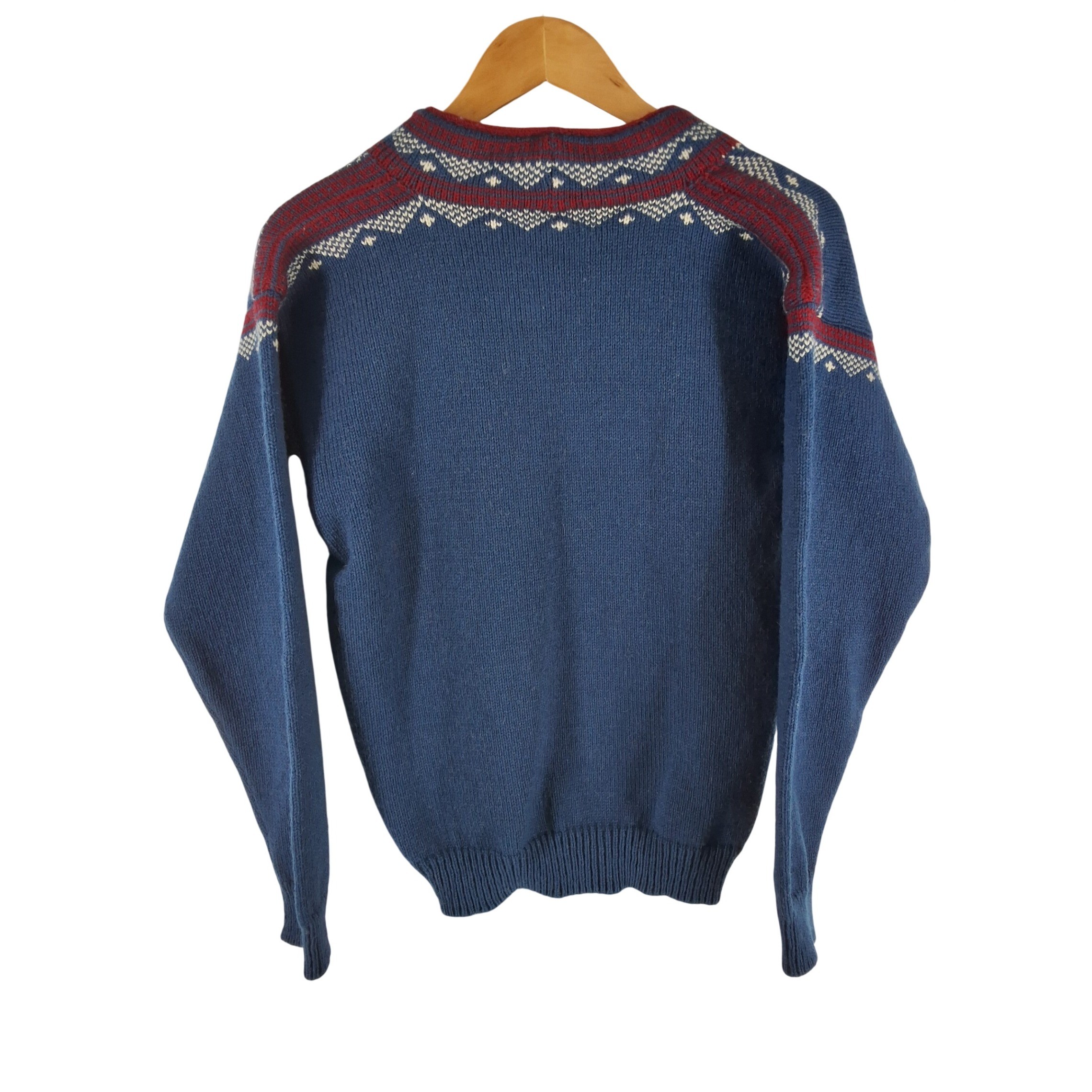 Nordic Nomad Vintage 100% Wool Hand Loomed Sweater Blue Fair Isle Split Neck - View 4