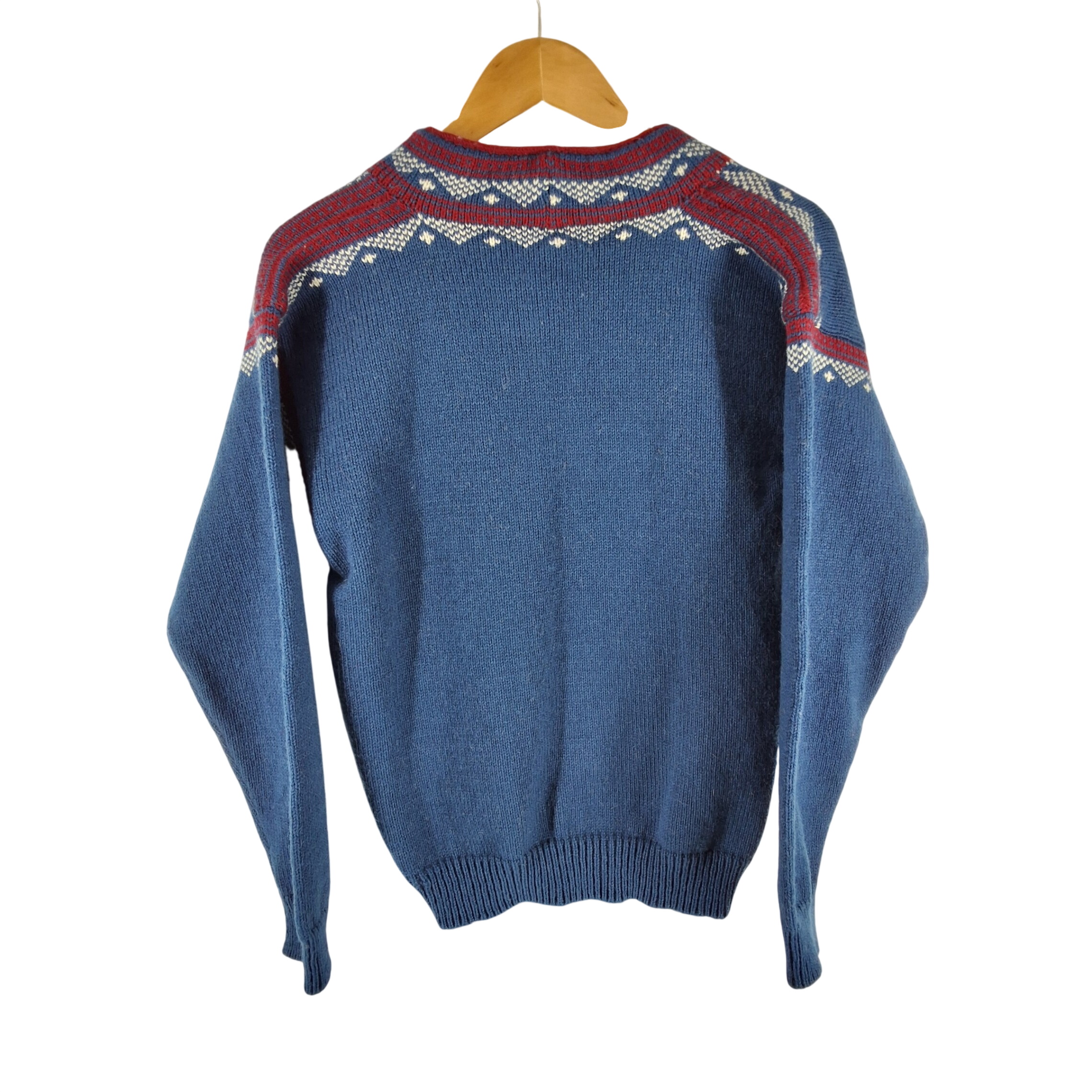 Nordic Nomad Vintage 100% Wool Hand Loomed Sweater Blue Fair Isle Split Neck - View 5