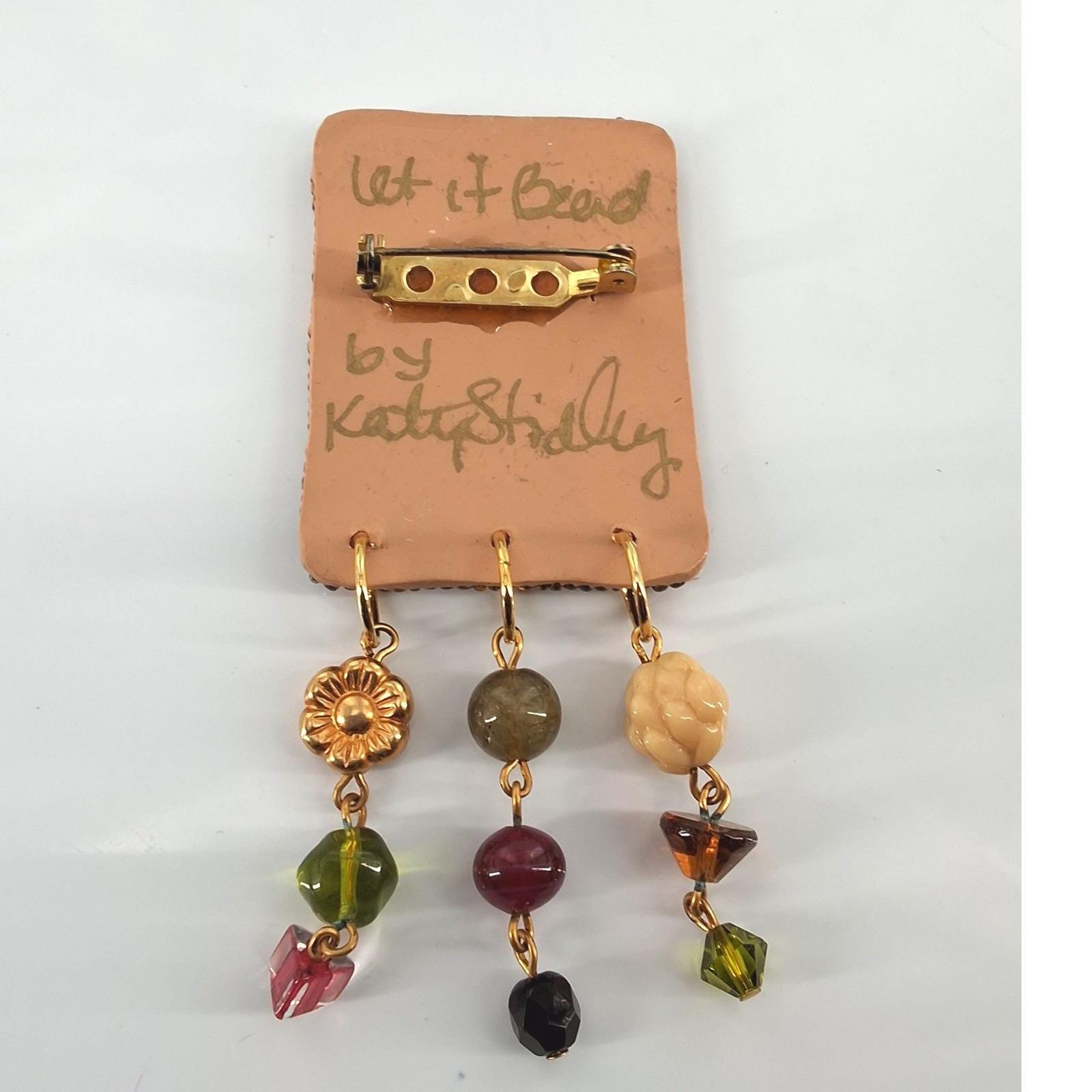 Vtg Katy Stidley Let It Bead Artisan Bird Flower Beaded Dangle Brooch Pin 90s