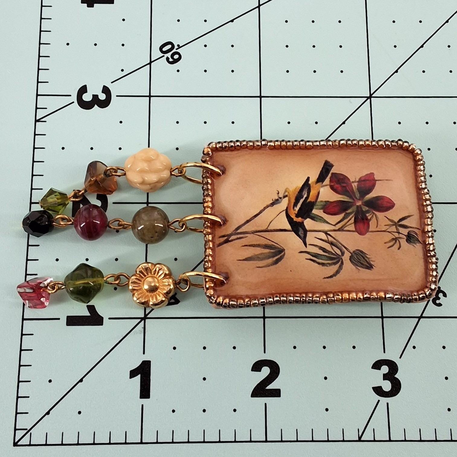 Vtg Katy Stidley Let It Bead Artisan Bird Flower Beaded Dangle Brooch Pin 90s - View 3