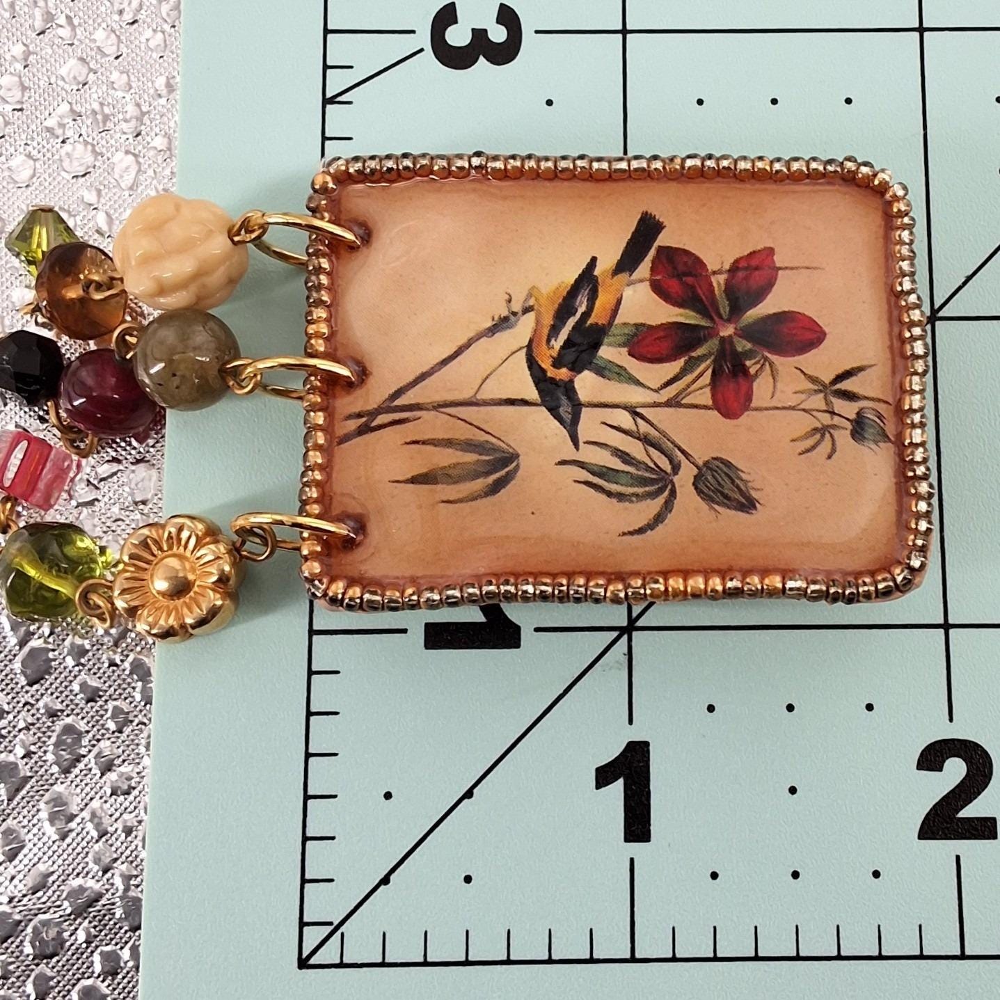 Vtg Katy Stidley Let It Bead Artisan Bird Flower Beaded Dangle Brooch Pin 90s - View 4