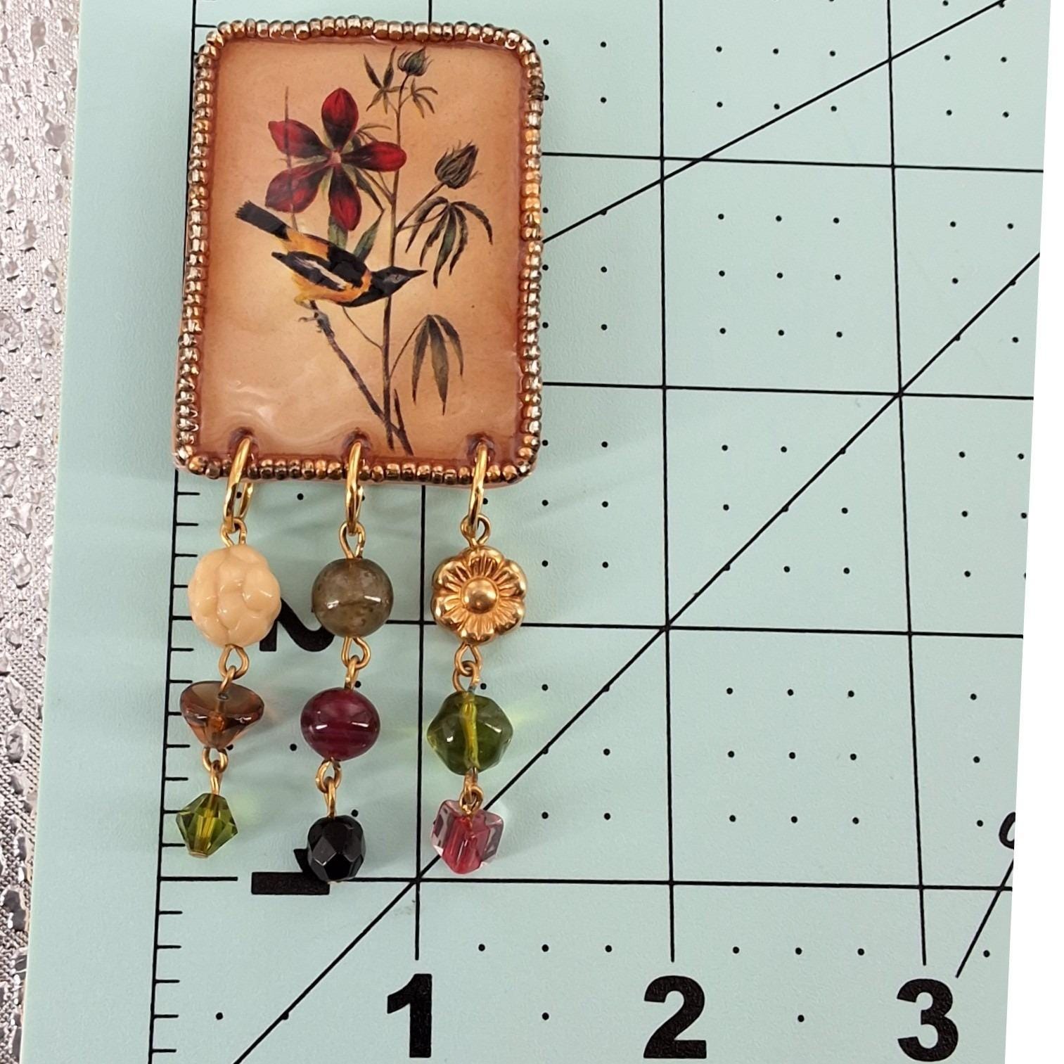 Vtg Katy Stidley Let It Bead Artisan Bird Flower Beaded Dangle Brooch Pin 90s - View 5