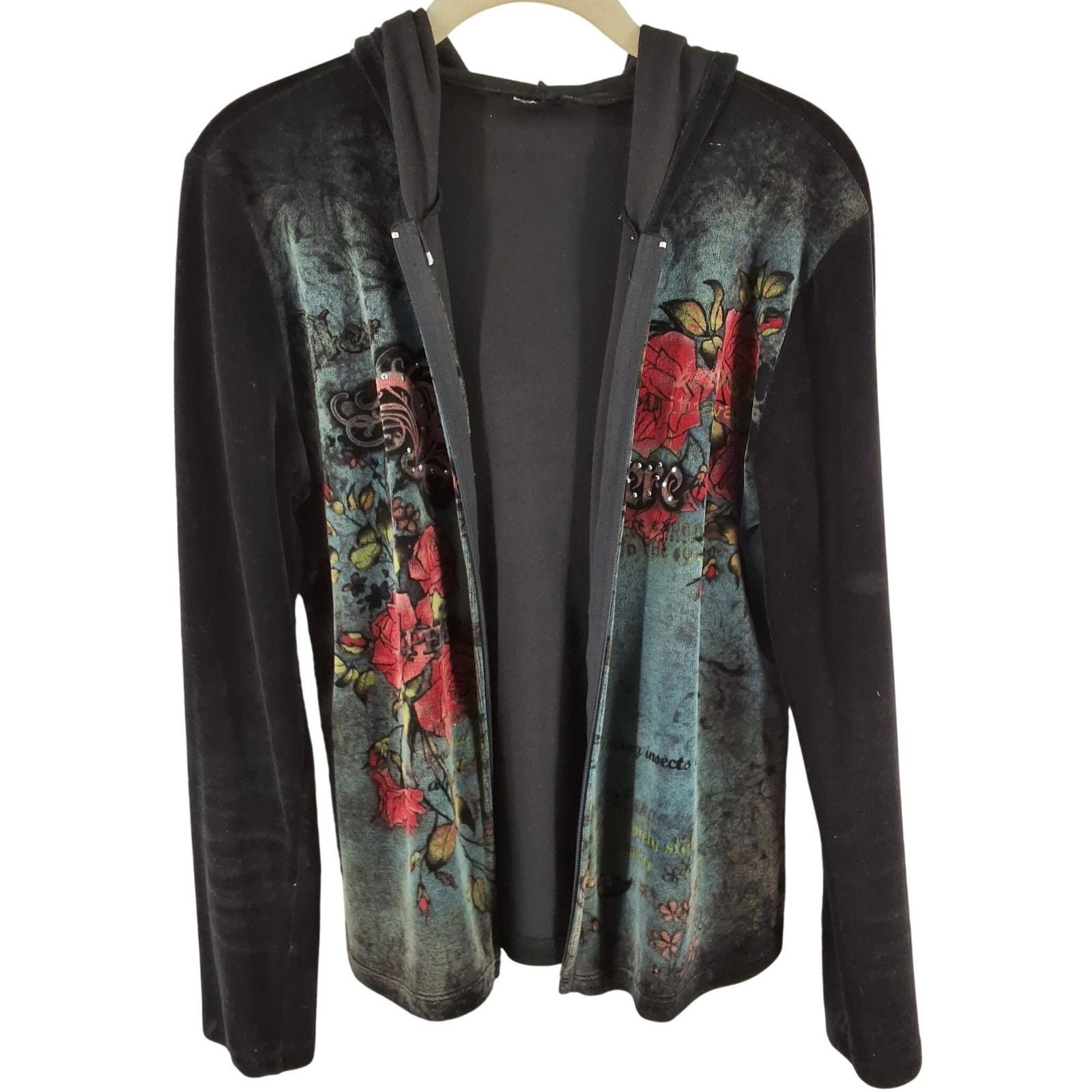 Somewhere Y2K Grunge Rose Graphic Zip Up Hoodie Black Blue Rhinestone USA Made - View 5
