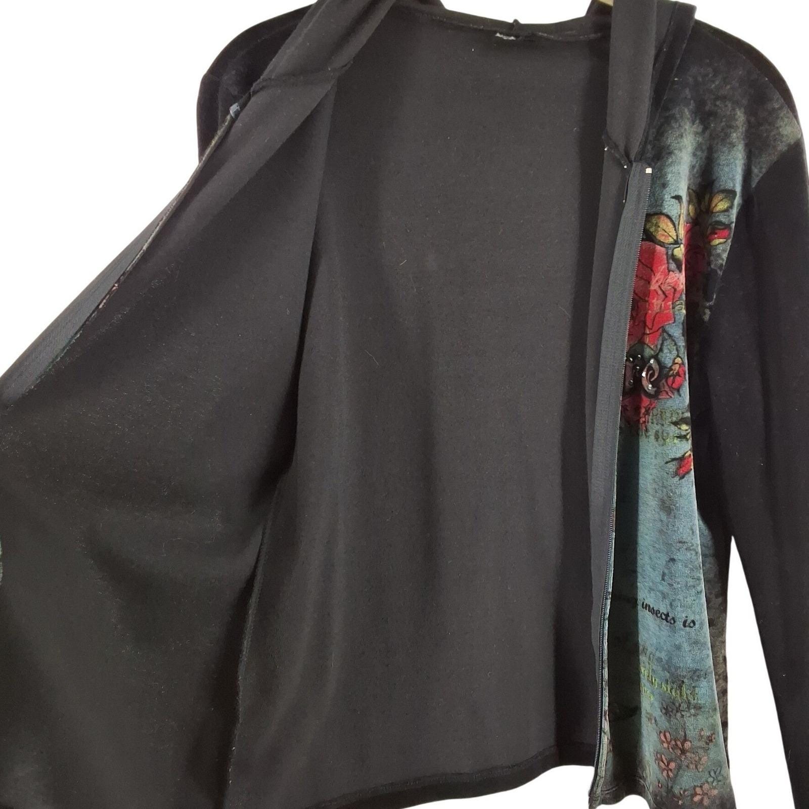 Somewhere Y2K Grunge Rose Graphic Zip Up Hoodie Black Blue Rhinestone USA Made - View 6