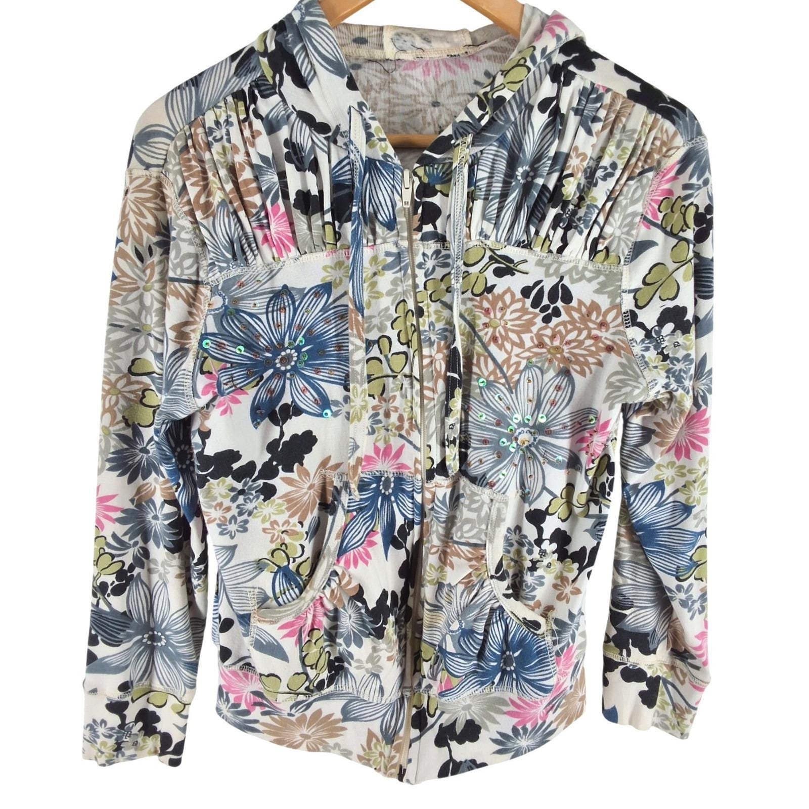 Westbound Y2K Floral Sequin Zip Up Hoodie Pockets Multi-Color Medium
