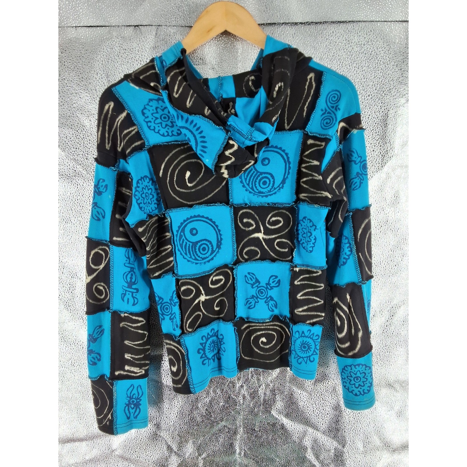 Rising International Boho Patchwork Razor Cut Hoodie Nepal Om Yin Yang Blue S/M