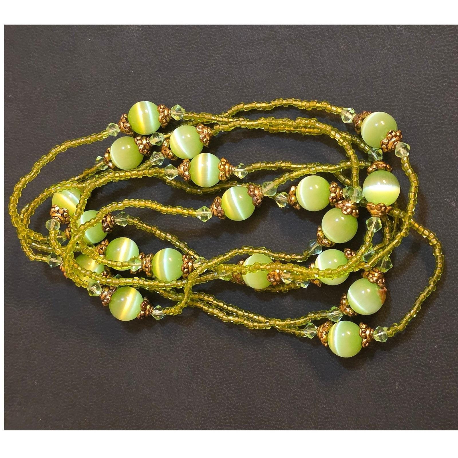 Lime Green Cats Eye Glass Beaded Necklace Long Layering Strand Bronze Tone Boho