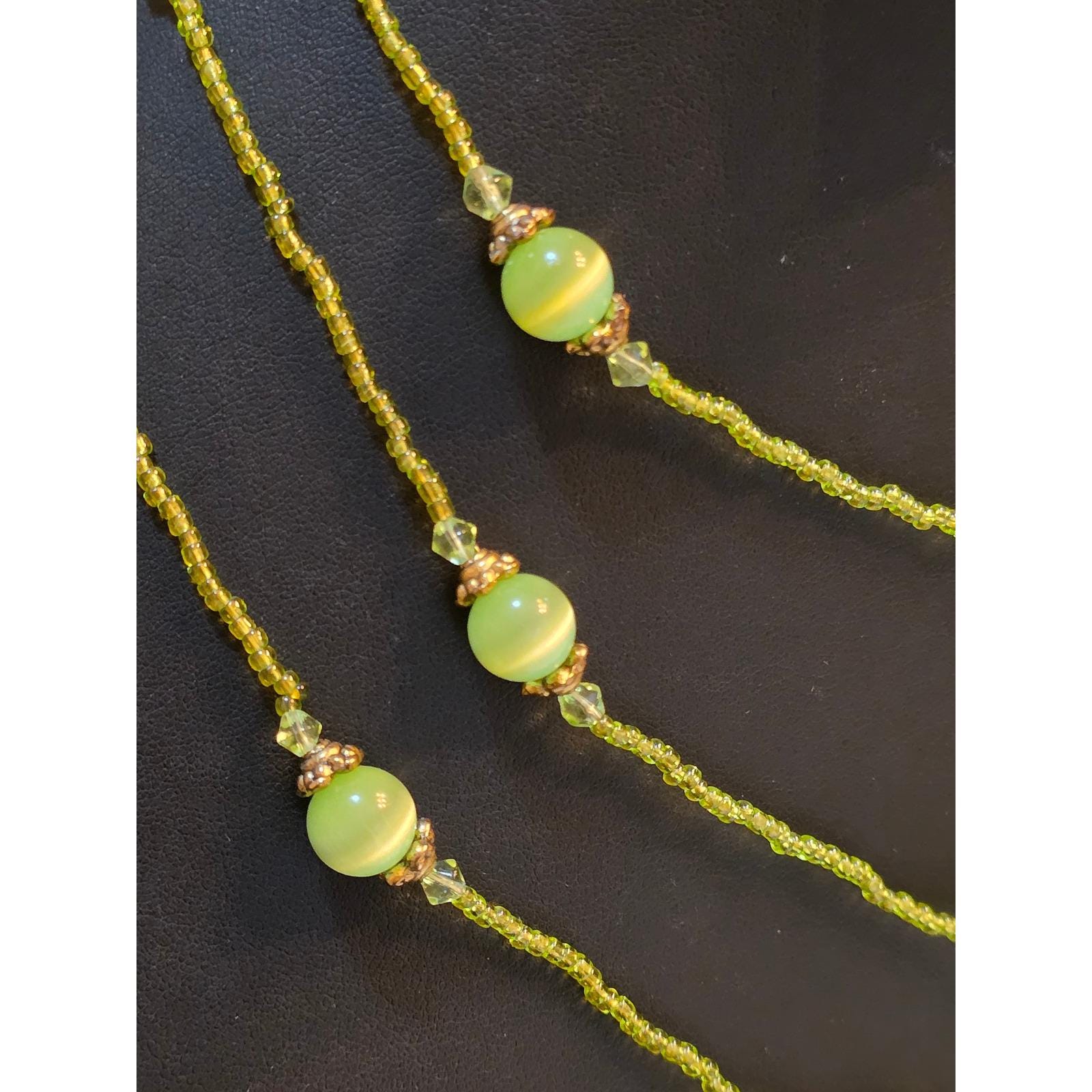 Lime Green Cats Eye Glass Beaded Necklace Long Layering Strand Bronze Tone Boho