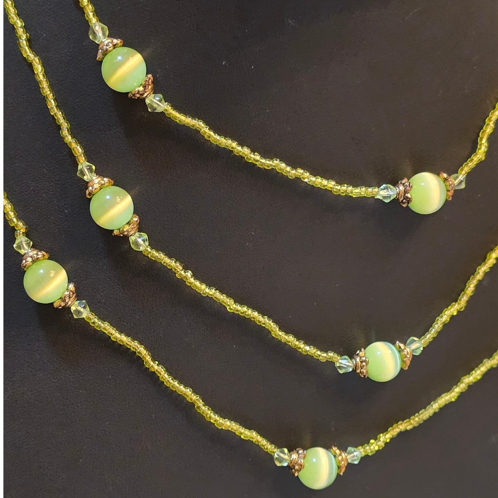 Lime Green Cats Eye Glass Beaded Necklace Long Layering Strand Bronze Tone Boho - View 4