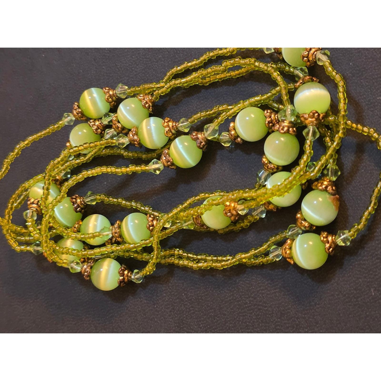 Lime Green Cats Eye Glass Beaded Necklace Long Layering Strand Bronze Tone Boho - View 5