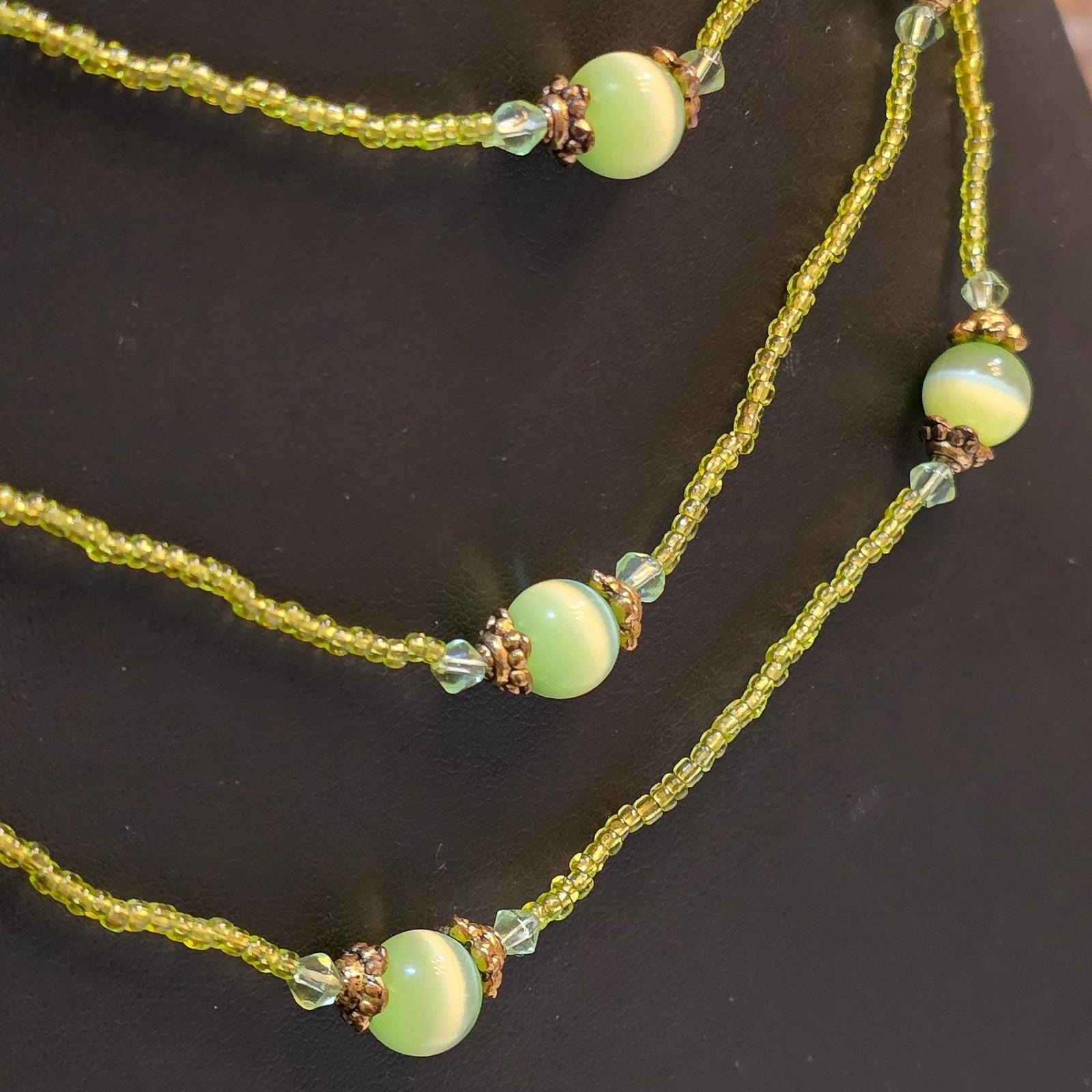 Lime Green Cats Eye Glass Beaded Necklace Long Layering Strand Bronze Tone Boho - View 7