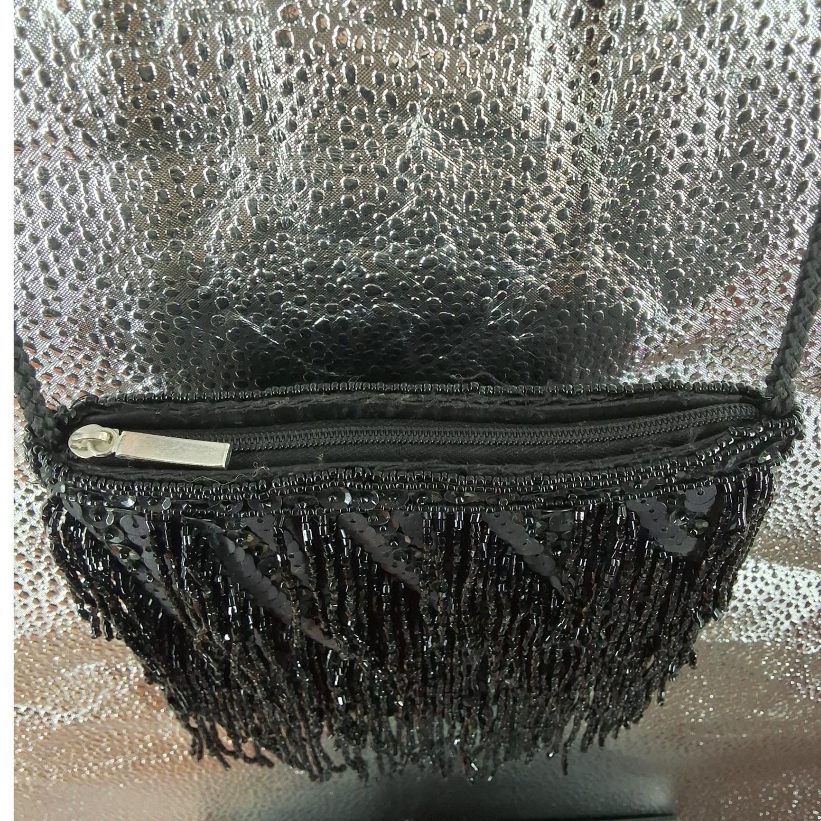 Far Nine Vintage Y2K Black Beaded Fringe Sequin Crossbody Evening Bag Purse - View 4