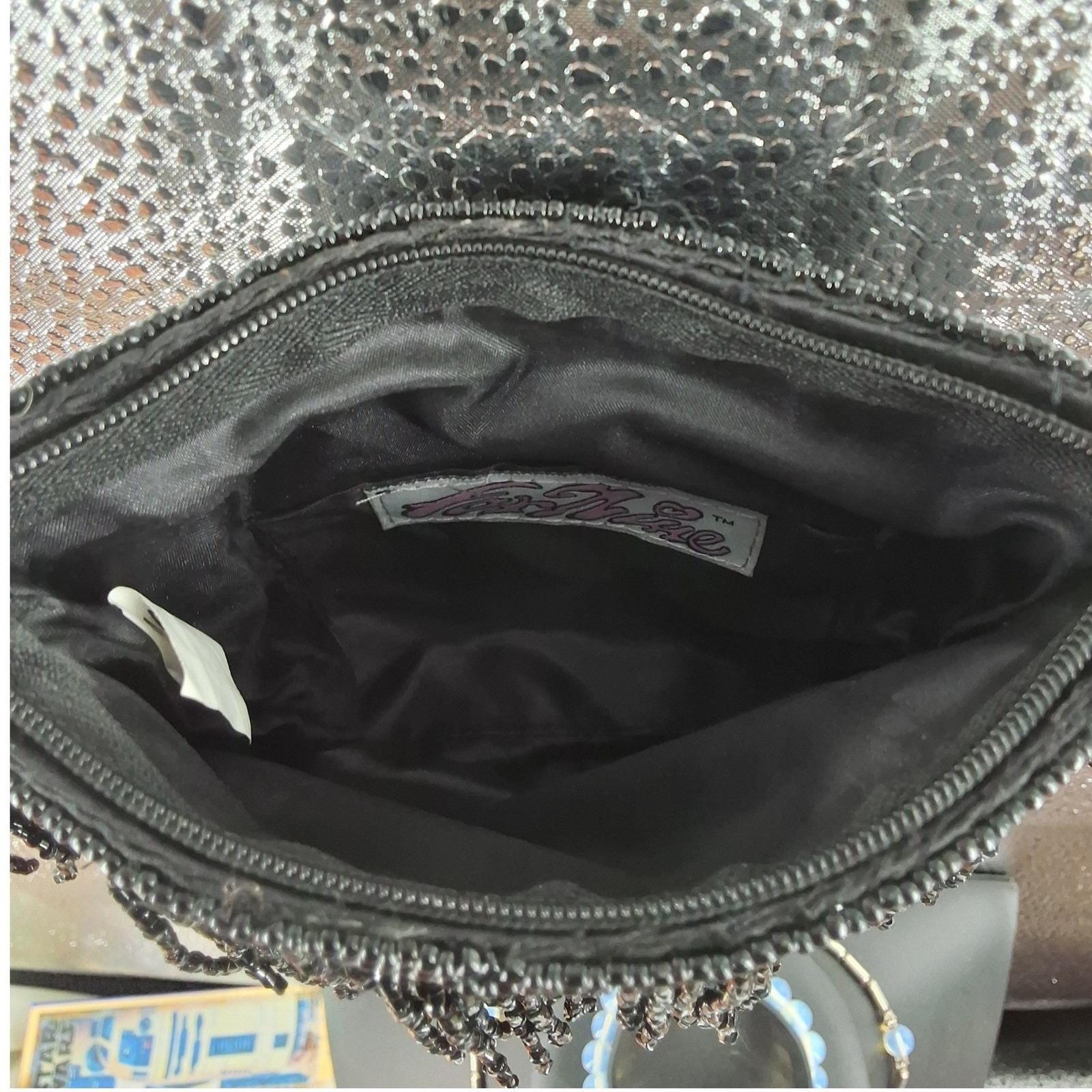 Far Nine Vintage Y2K Black Beaded Fringe Sequin Crossbody Evening Bag Purse - View 5