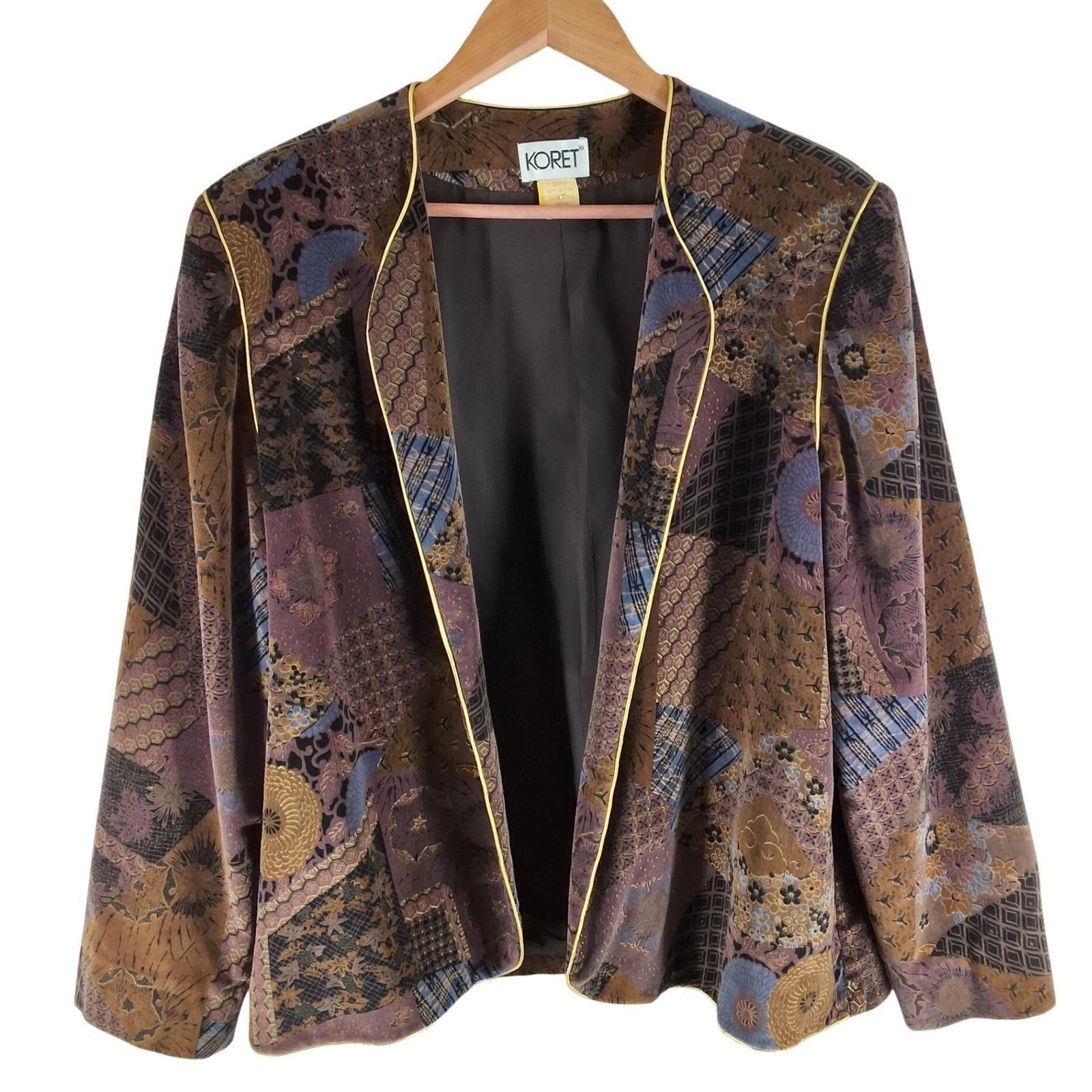 Vintage 80s Koret Patchwork Tapestry Velvet Jacket Open Front Blazer Boho XL 42