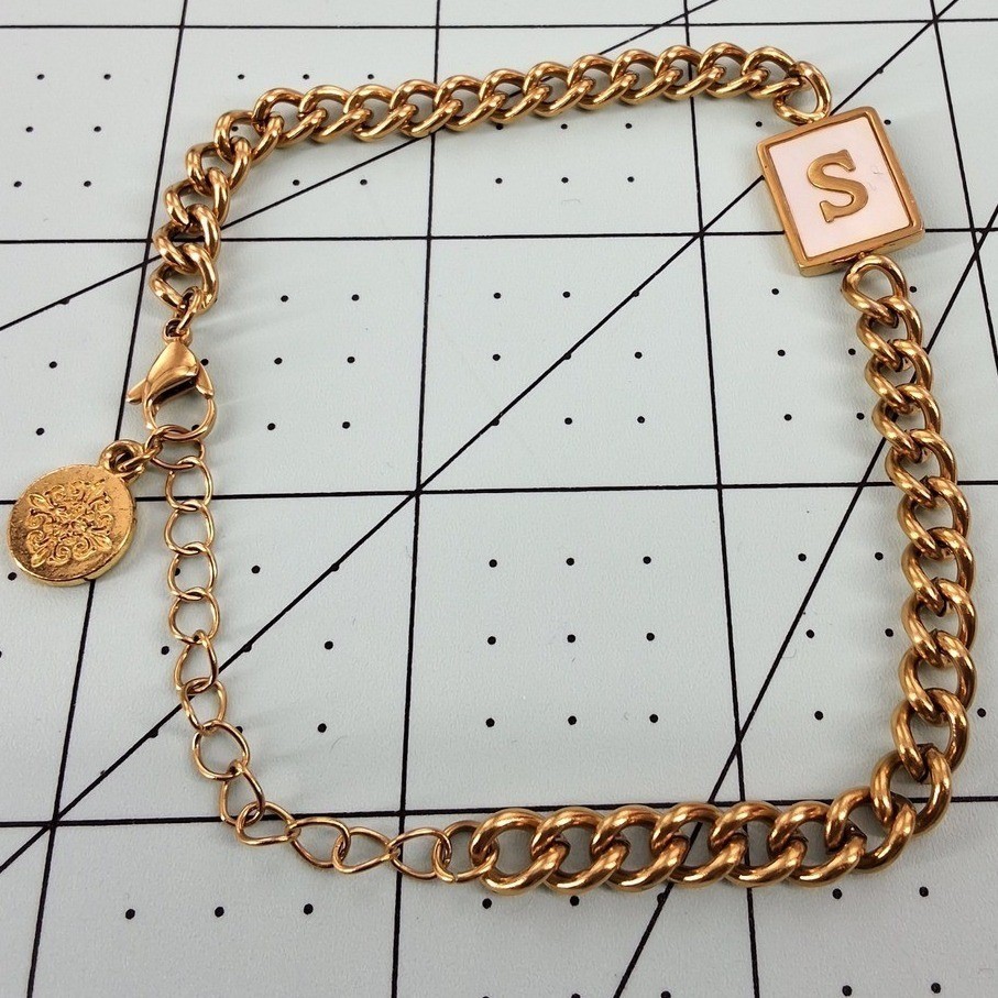 Anne Klein Gold Tone Initial S Curb Chain Bracelet White Enamel Charm Adjustable