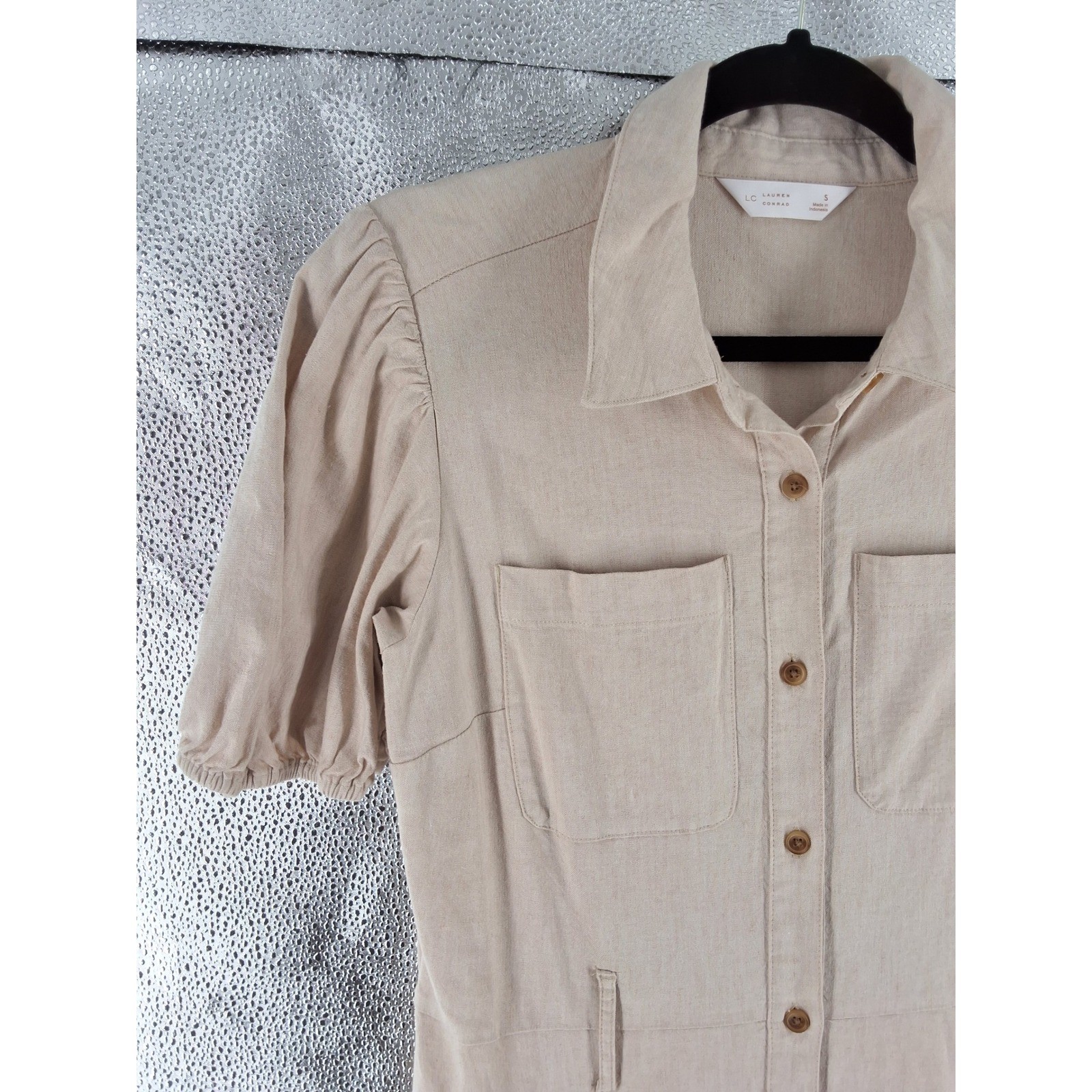LC Lauren Conrad Beige Linen Blend Button Front Puff Sleeve Midi Dress S - View 4