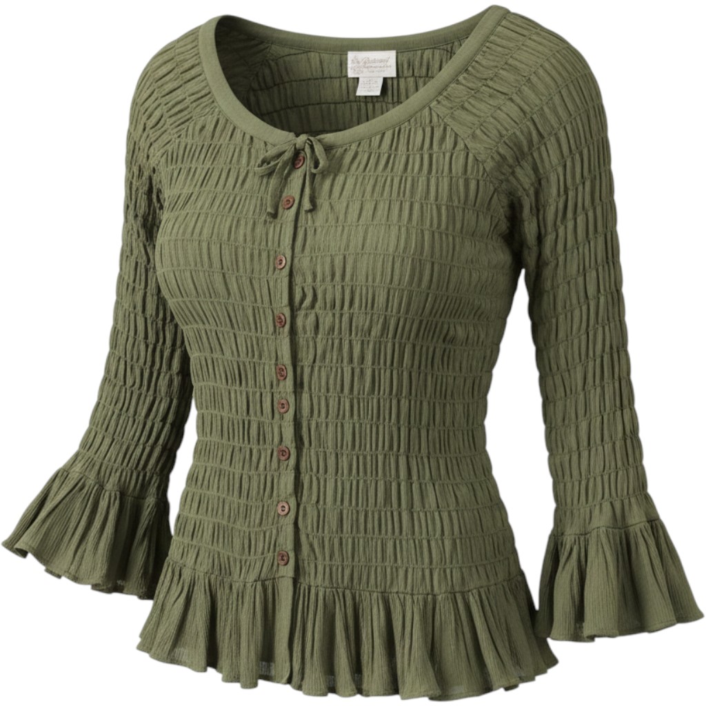 Vintage 90s Raiment Fashions Green Smocked Rayon Blouse Bell Sleeve Medium Boho