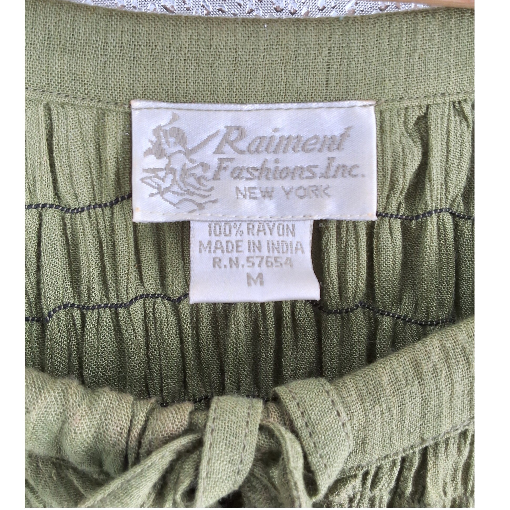 Vintage 90s Raiment Fashions Green Smocked Rayon Blouse Bell Sleeve Medium Boho
