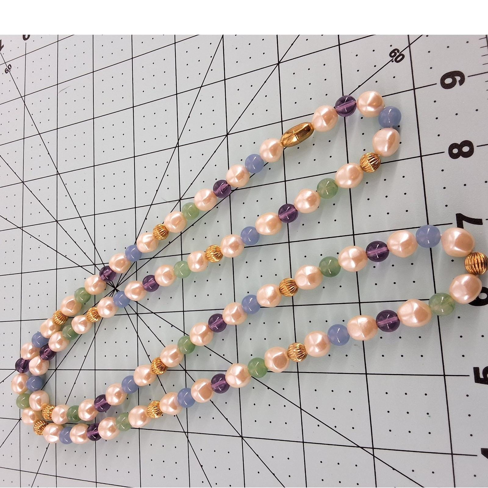 Vintage Runway Pastel Beaded Necklace Faux Pearl Statement Opera Length - View 3