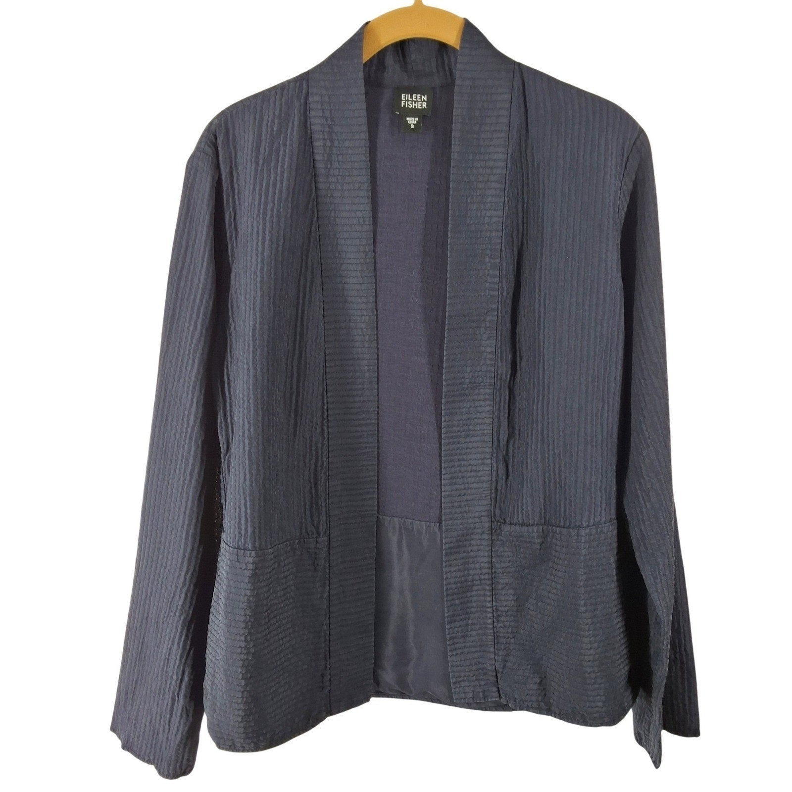 Eileen Fisher Indigo Blue 100% Silk Textured Open Front Jacket Pockets Size S