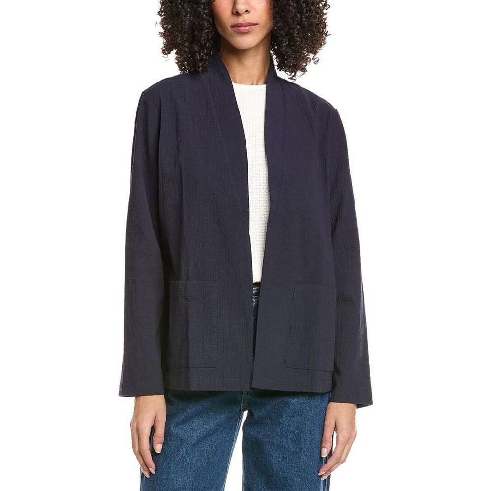 Eileen Fisher Indigo Blue 100% Silk Textured Open Front Jacket Pockets Size S - View 7