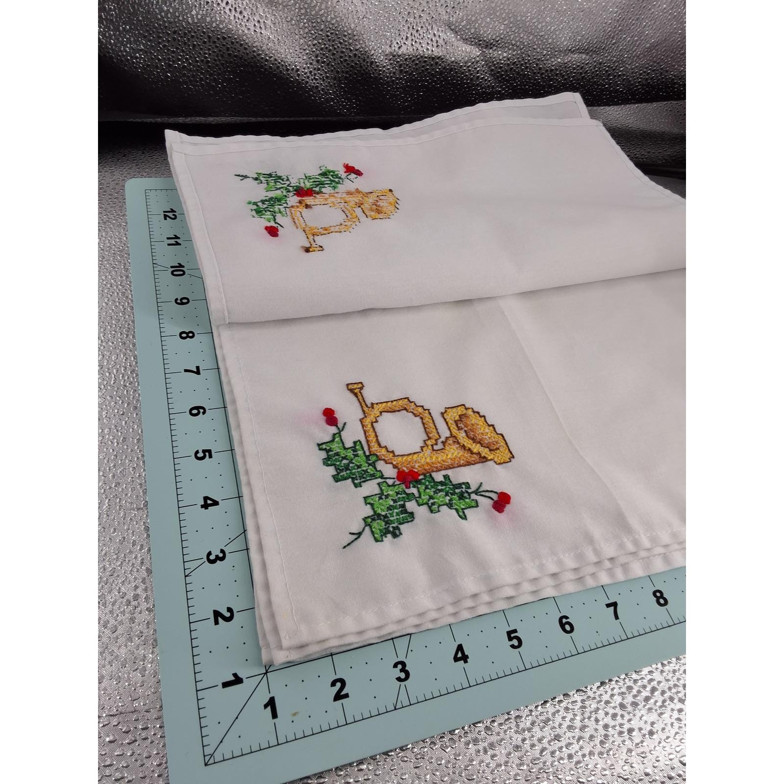 Vintage Cross Stitch Christmas Napkins White Cotton French Horn Holly Set of 6 - View 4