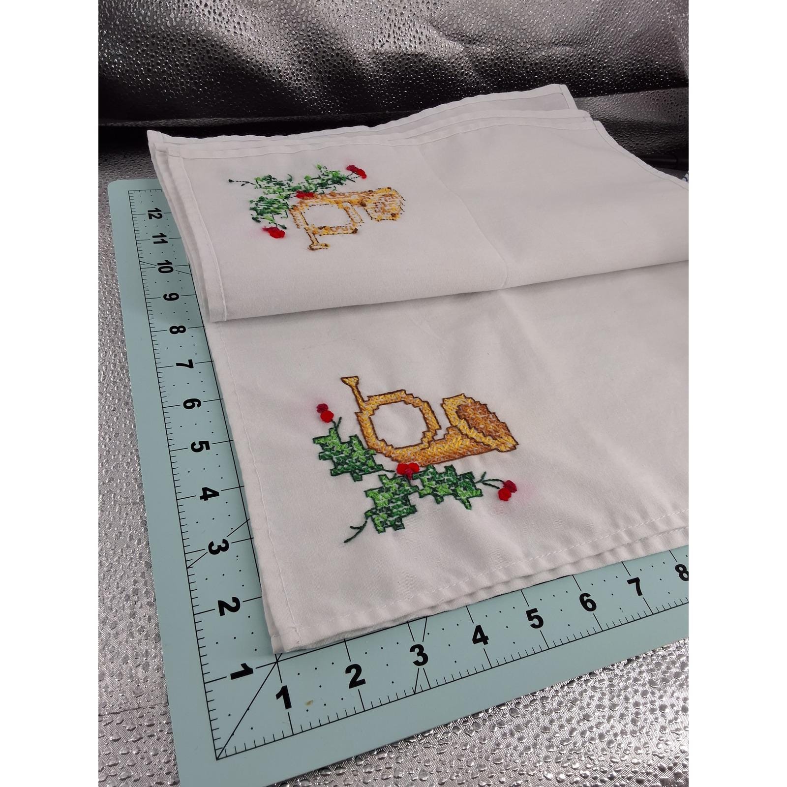 Vintage Cross Stitch Christmas Napkins White Cotton French Horn Holly Set of 6 - View 5