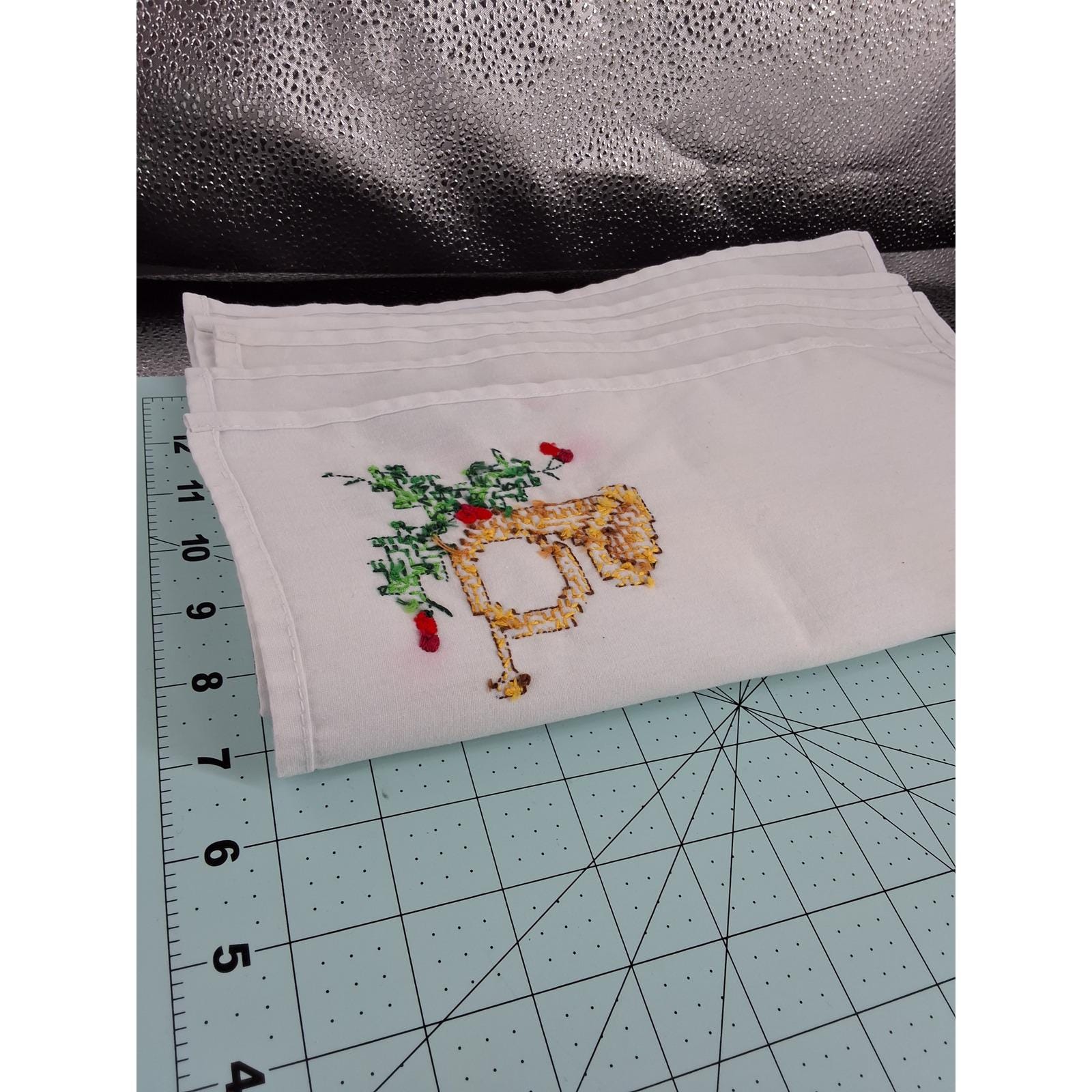 Vintage Cross Stitch Christmas Napkins White Cotton French Horn Holly Set of 6 - View 7