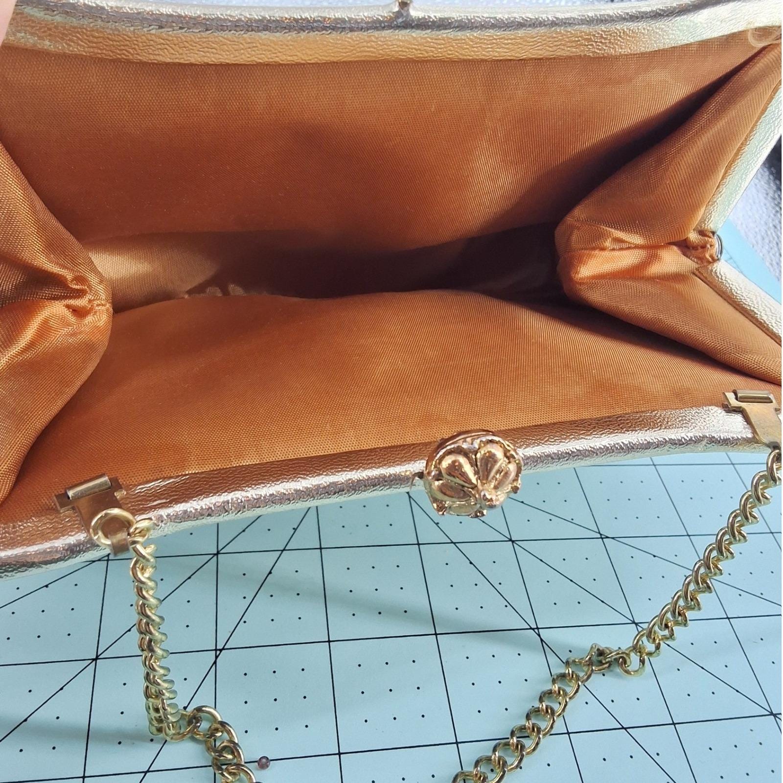 Vintage Gold Satin Ruched Evening Clutch | Champagne Kiss Lock Purse