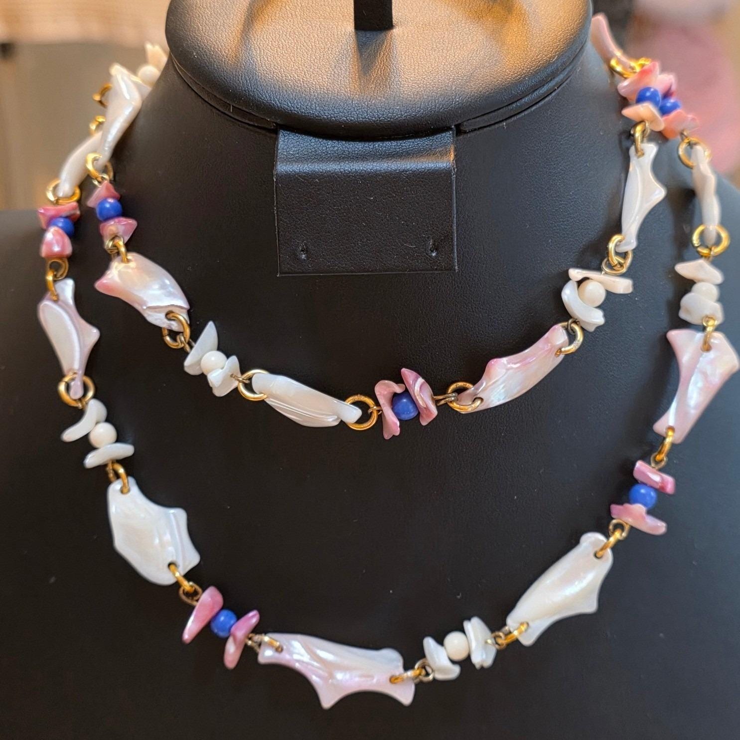 Long Handmade Beaded Shell Rope Necklace Vintage Pink Blue White Gold Tone