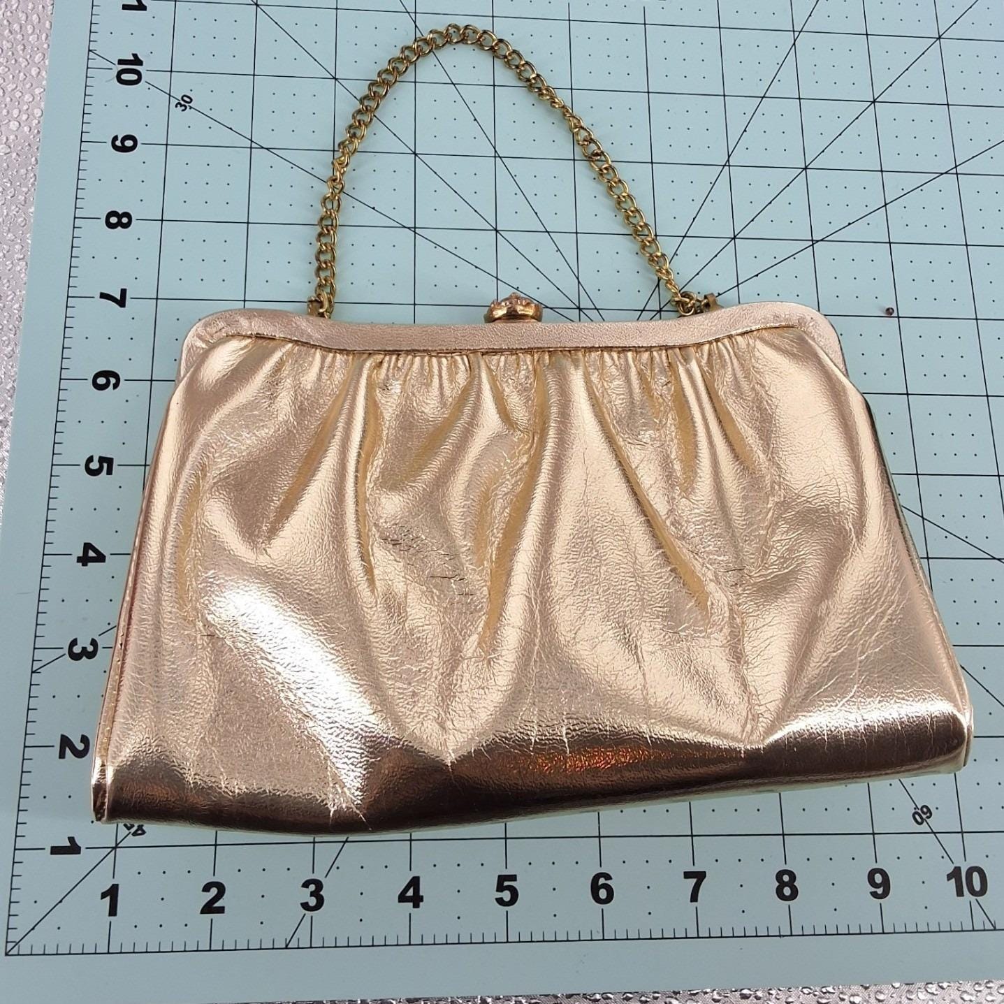 Vintage Gold Satin Ruched Evening Clutch | Champagne Kiss Lock Purse - View 3