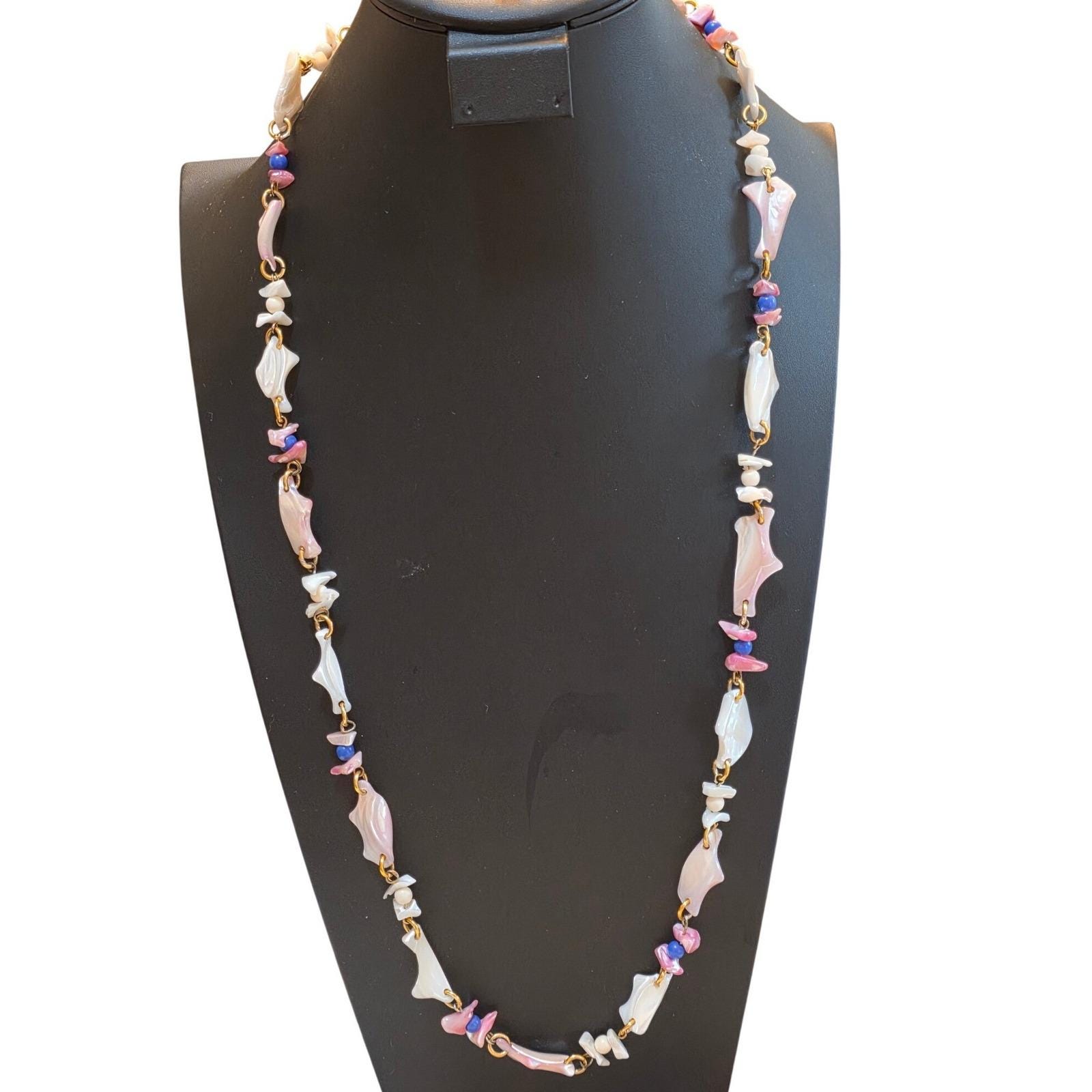 Long Handmade Beaded Shell Rope Necklace Vintage Pink Blue White Gold Tone