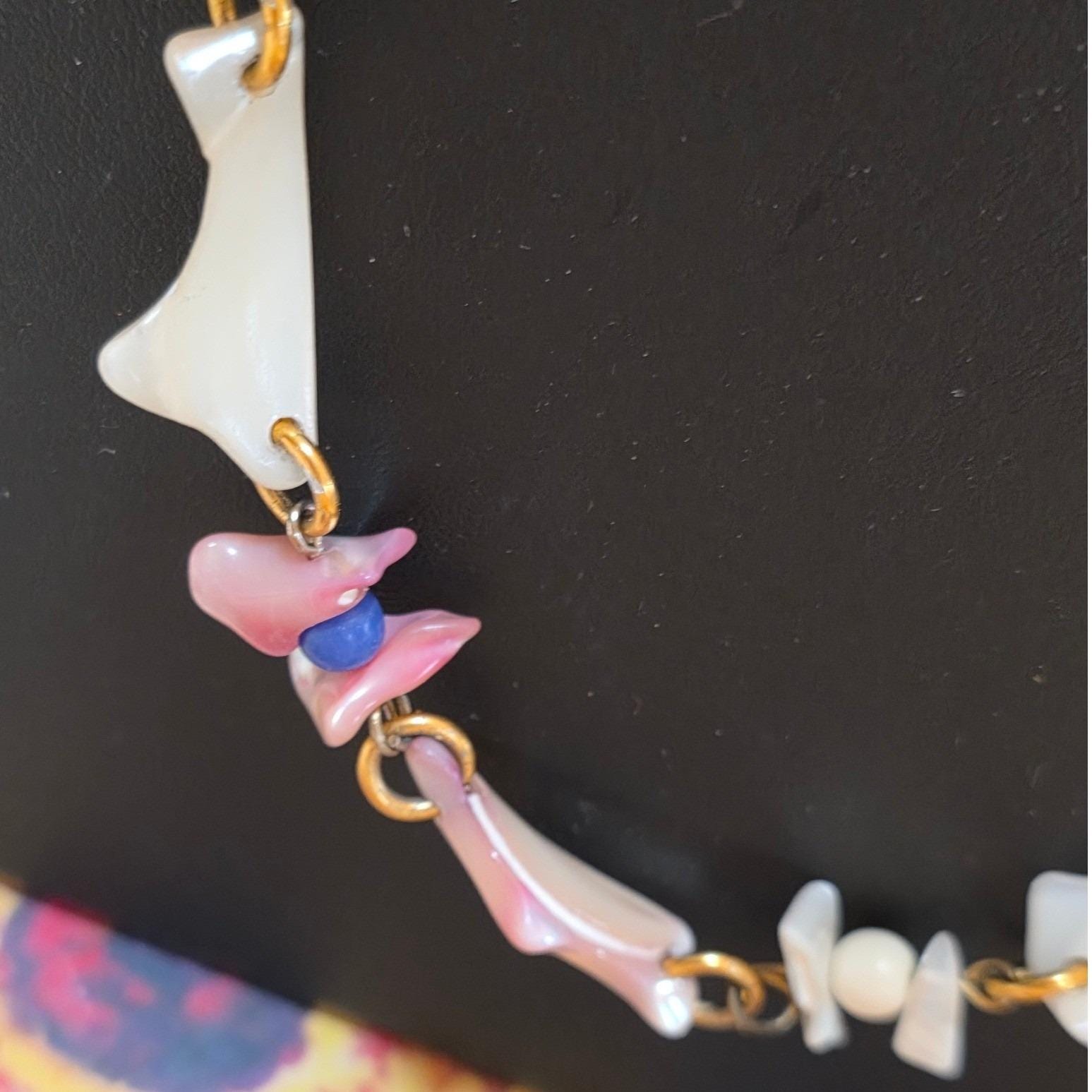 Long Handmade Beaded Shell Rope Necklace Vintage Pink Blue White Gold Tone - View 7