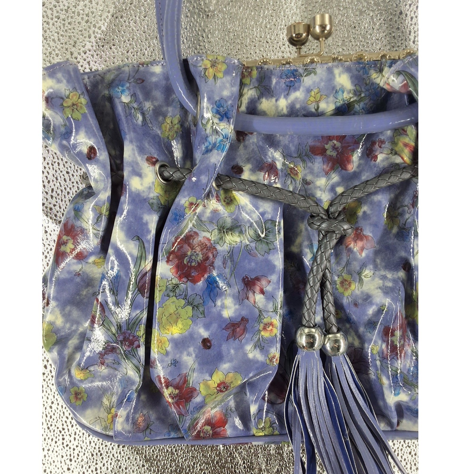 Valojusha Purple Floral Kiss Lock Shoulder Bag Tassel Crystal Trim Whimsygoth XL - View 8