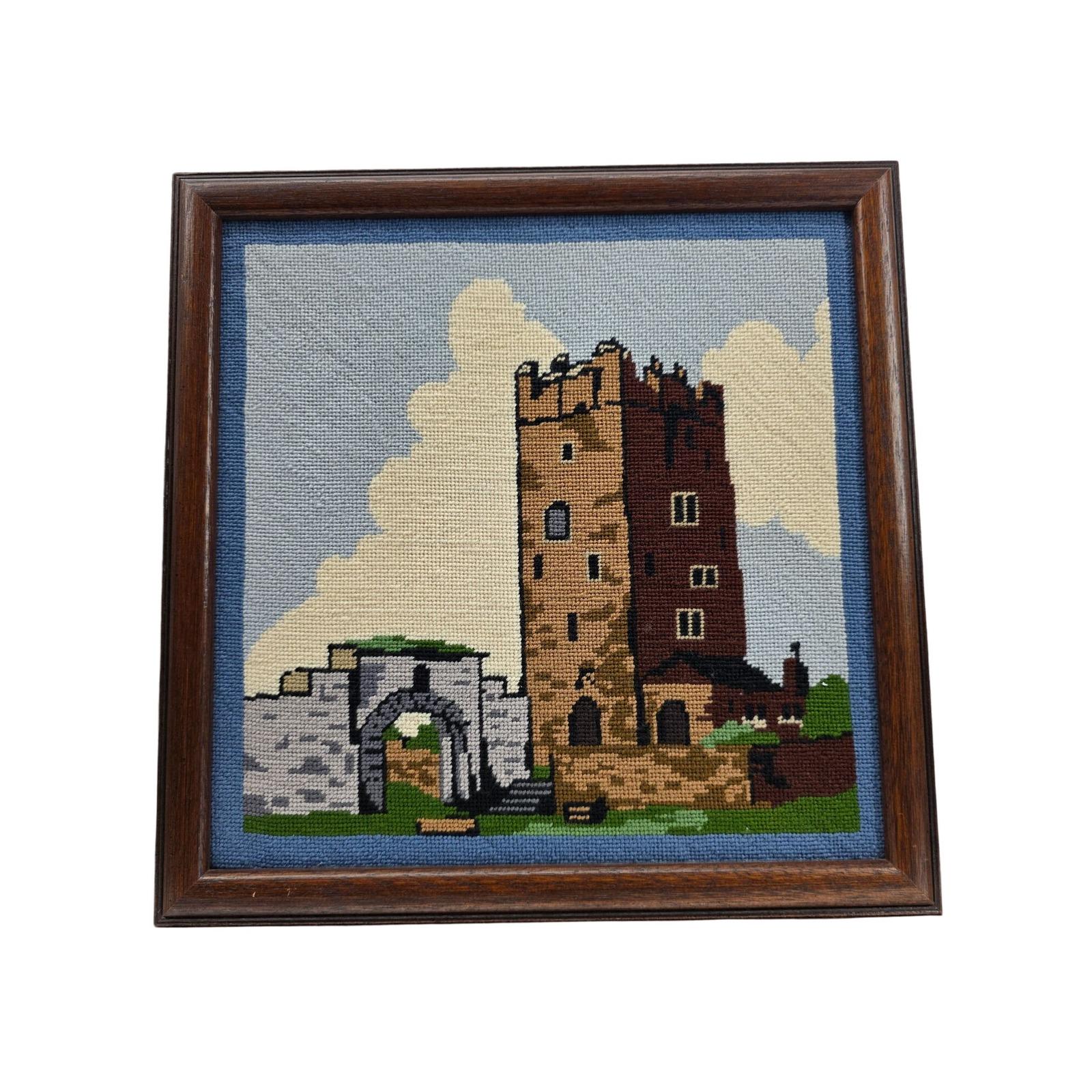 Vintage 1983 Linda Bridelle Framed Needlepoint Castle Art Wall Decor