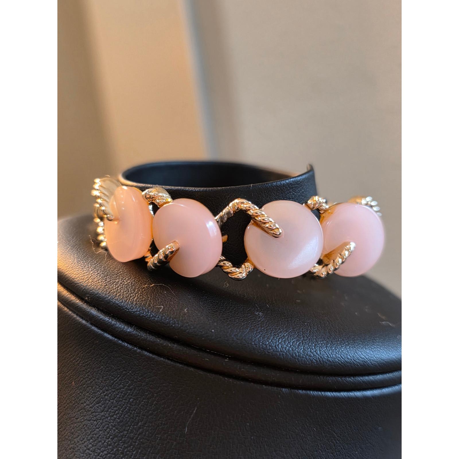 Vintage Pink Moonglow Beaded Bracelet Gold Tone Fold Over Clasp