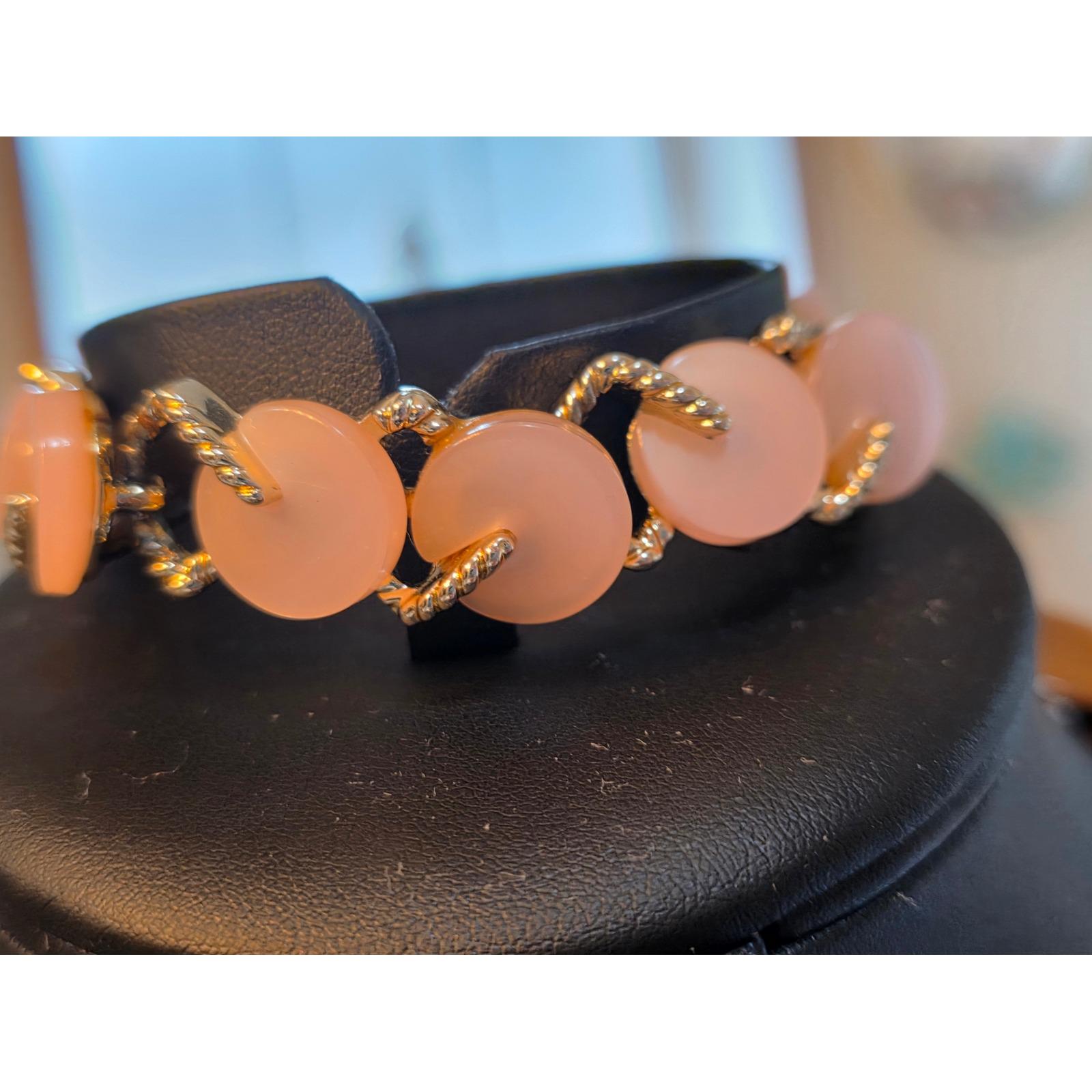 Vintage Pink Moonglow Beaded Bracelet Gold Tone Fold Over Clasp - View 5