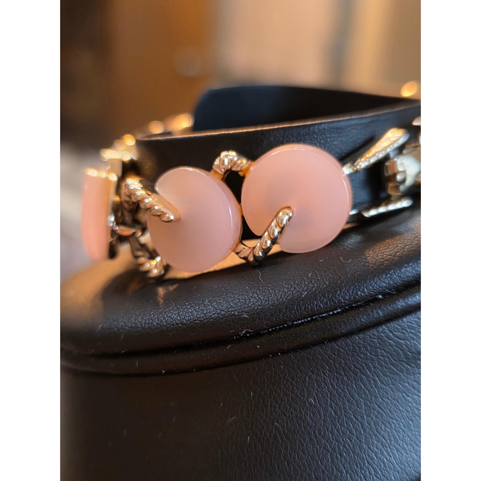 Vintage Pink Moonglow Beaded Bracelet Gold Tone Fold Over Clasp - View 6