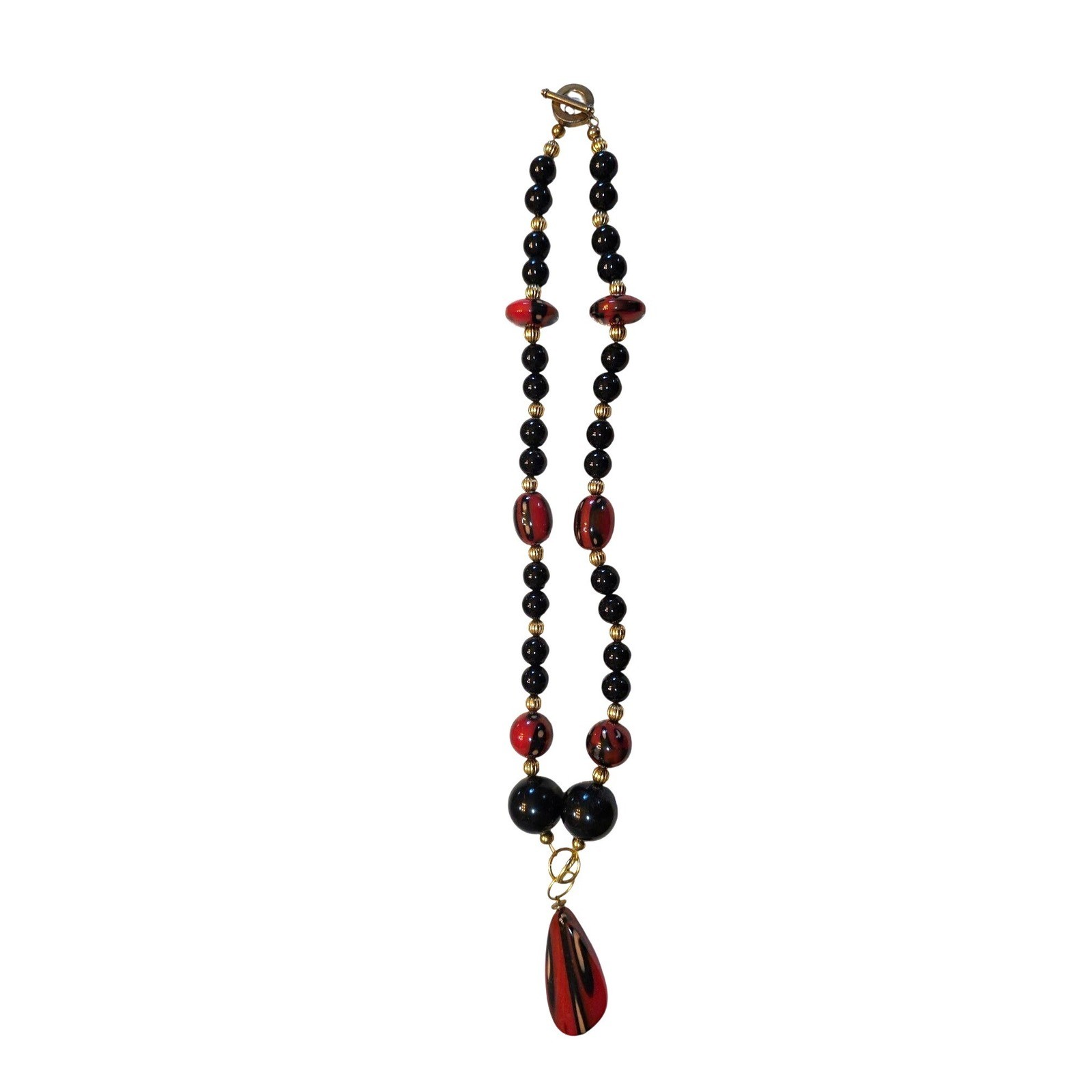 Artisan Red Black Beaded Necklace Striped Teardrop Pendant Gold Tone Clasp