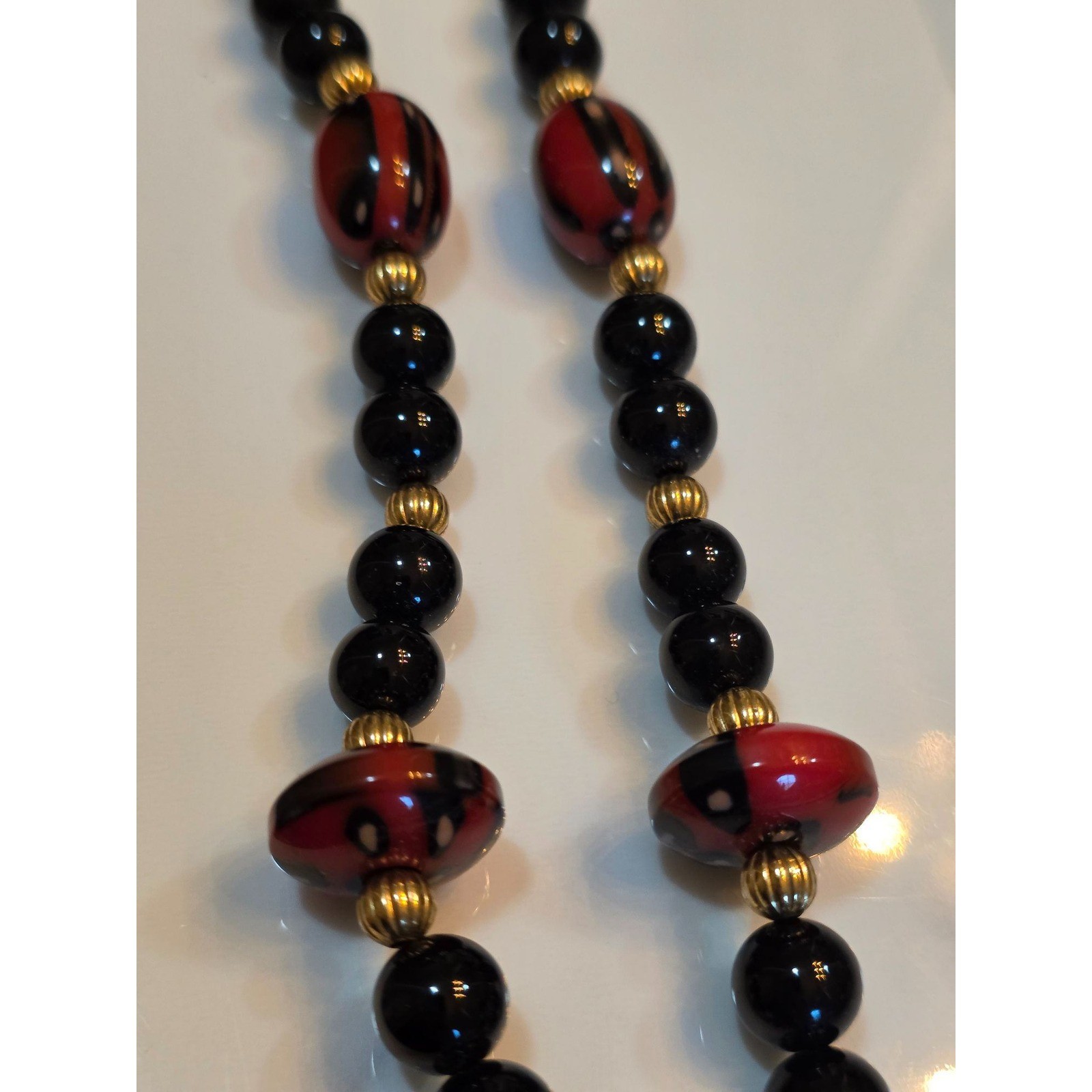 Artisan Red Black Beaded Necklace Striped Teardrop Pendant Gold Tone Clasp - View 3