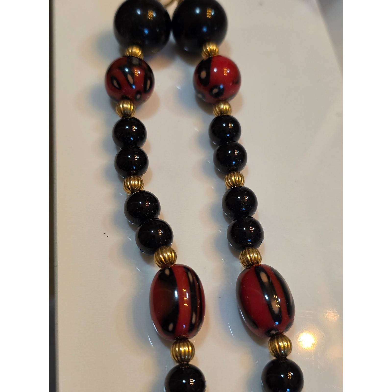Artisan Red Black Beaded Necklace Striped Teardrop Pendant Gold Tone Clasp - View 4