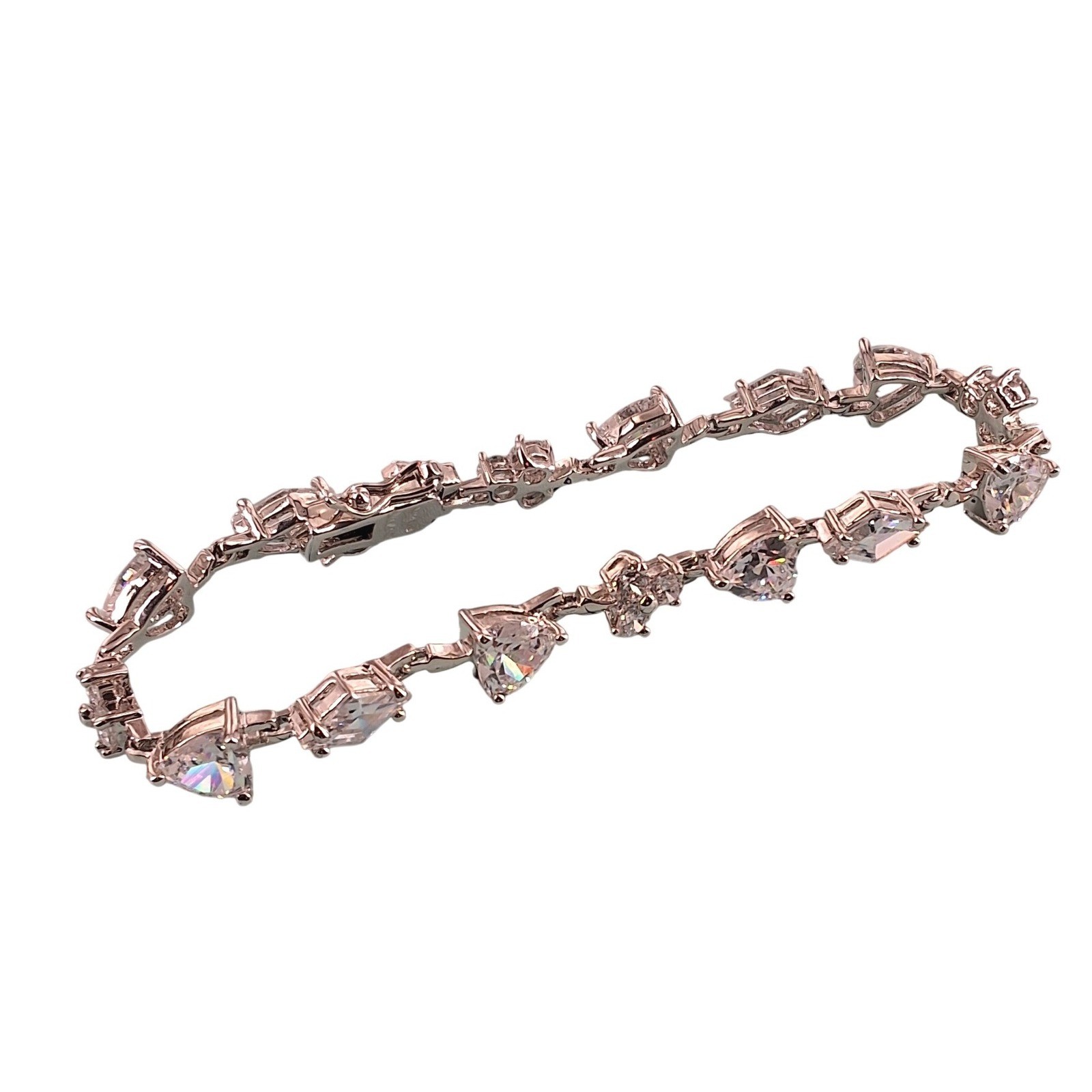 Multi-Shape CZ Tennis Bracelet Heart Pear Round Baguette 7" Silver Tone Bridal