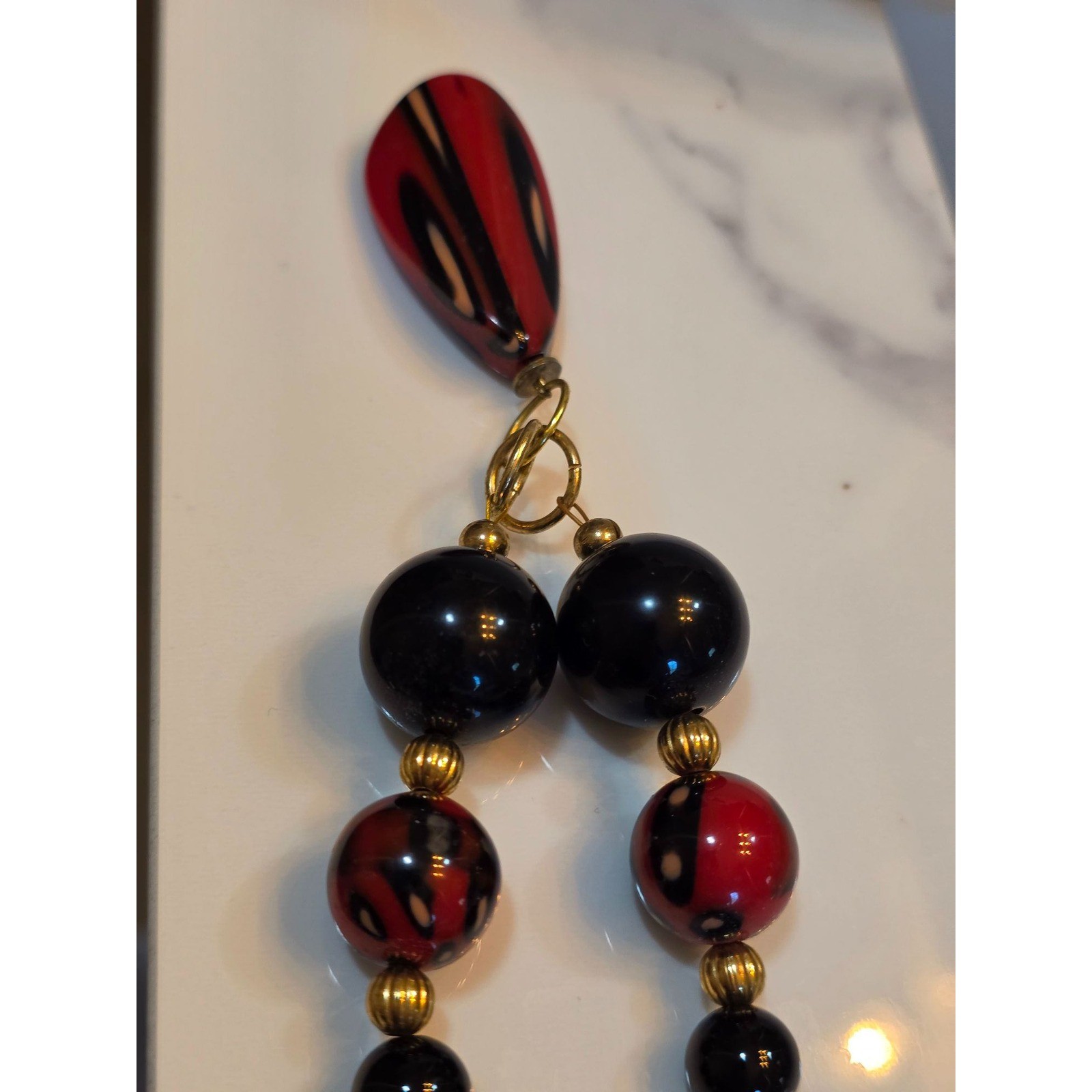 Artisan Red Black Beaded Necklace Striped Teardrop Pendant Gold Tone Clasp - View 5