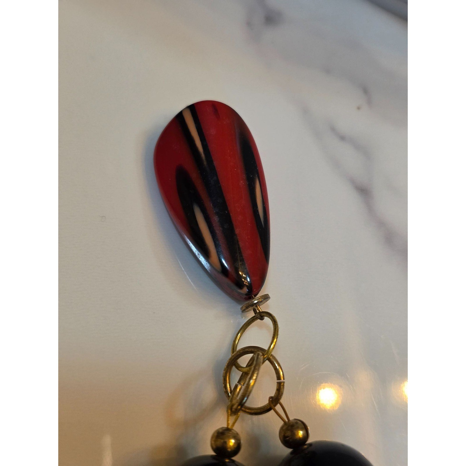 Artisan Red Black Beaded Necklace Striped Teardrop Pendant Gold Tone Clasp - View 6