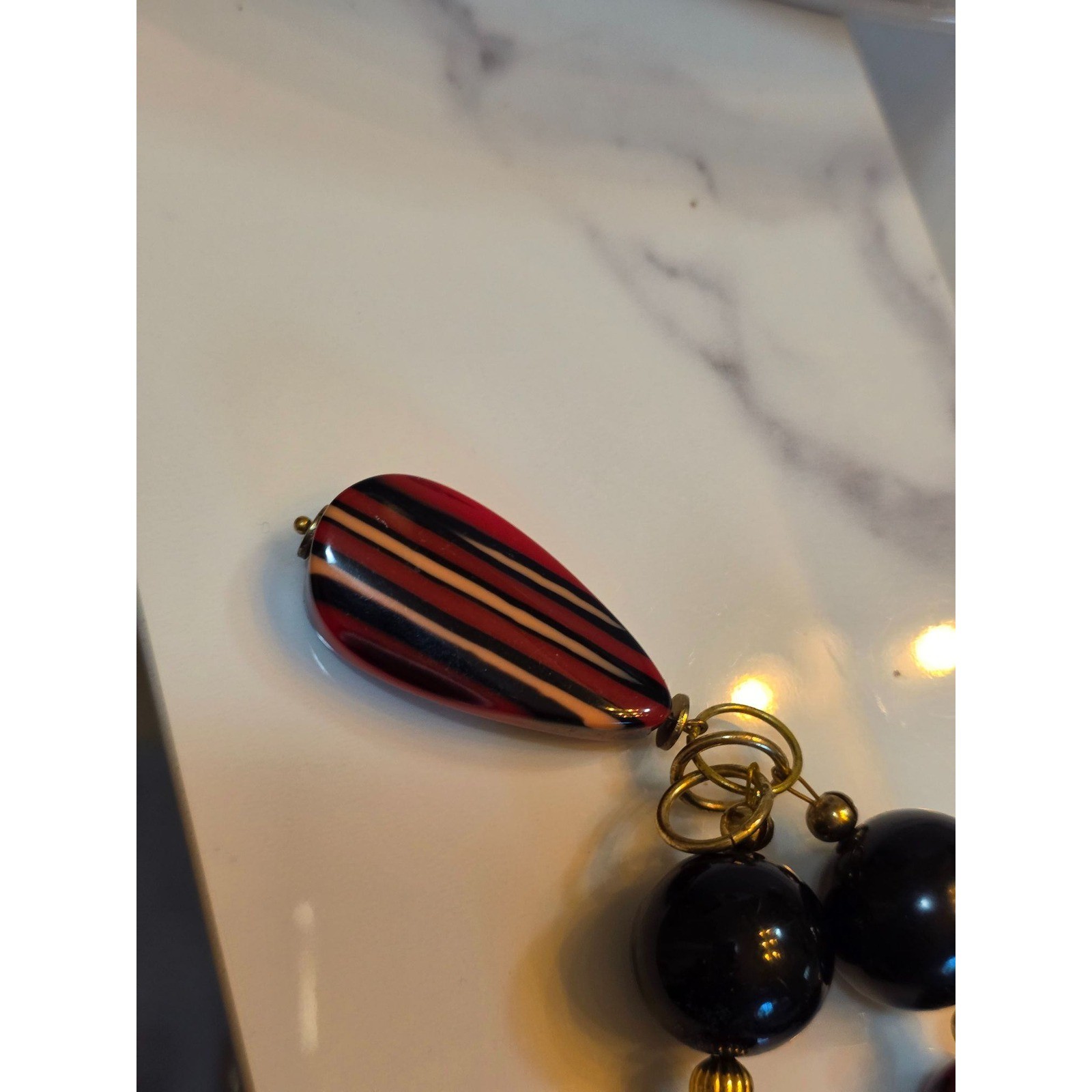 Artisan Red Black Beaded Necklace Striped Teardrop Pendant Gold Tone Clasp - View 8