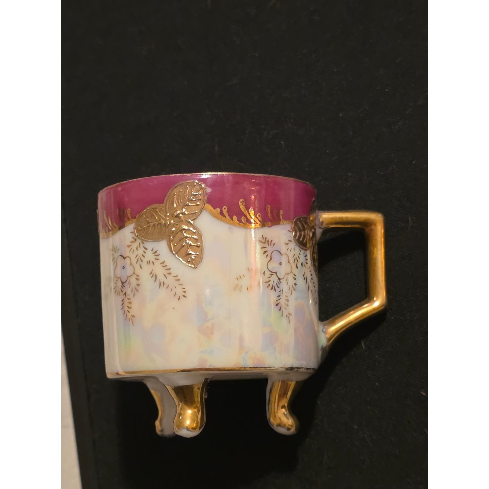 Royal Sealy China Lusterware 3-Footed Teacup Reticulated Saucer Magenta Gold VTG - View 7