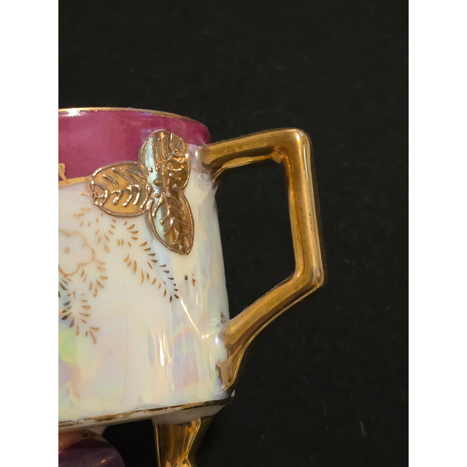 Royal Sealy China Lusterware 3-Footed Teacup Reticulated Saucer Magenta Gold VTG - View 8