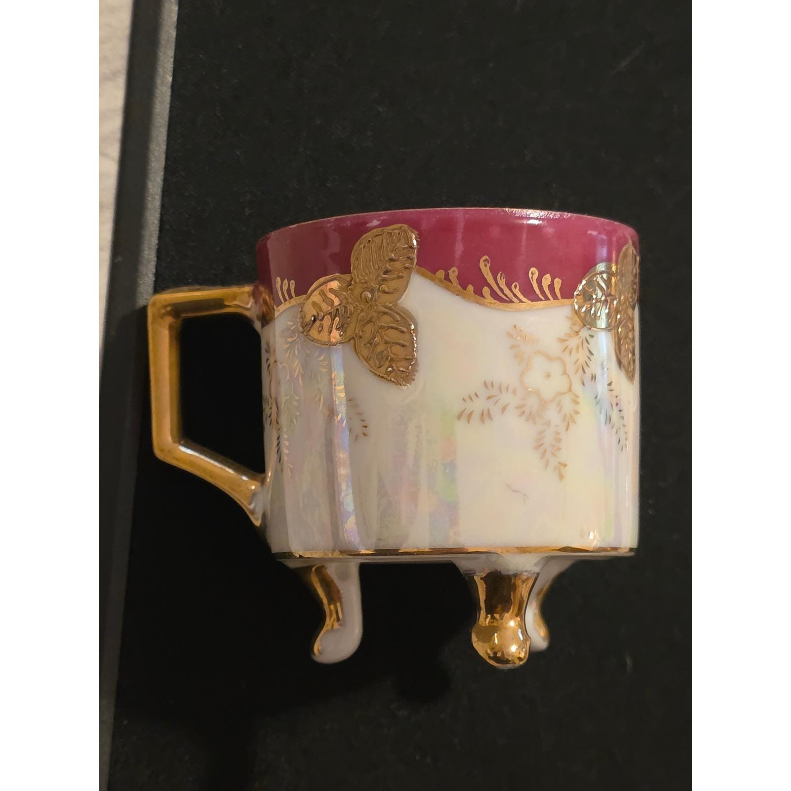 Royal Sealy China Lusterware 3-Footed Teacup Reticulated Saucer Magenta Gold VTG - View 9