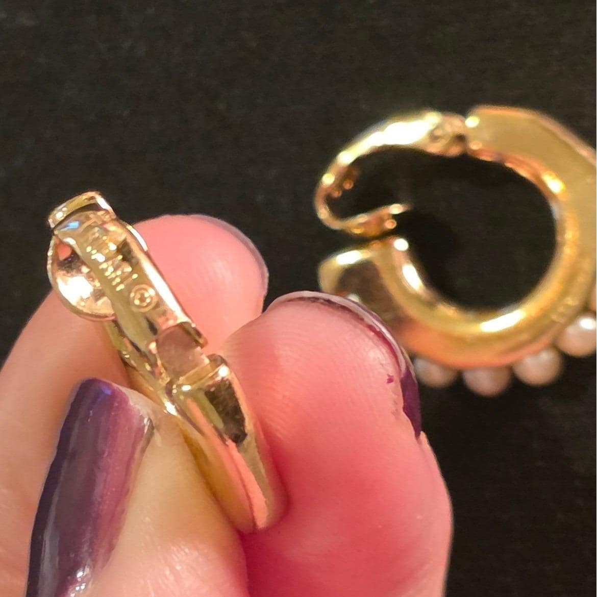 Vintage Crown Trifari Gold Tone Faux Pearl Clip On Half Hoop Earrings Trifarium
