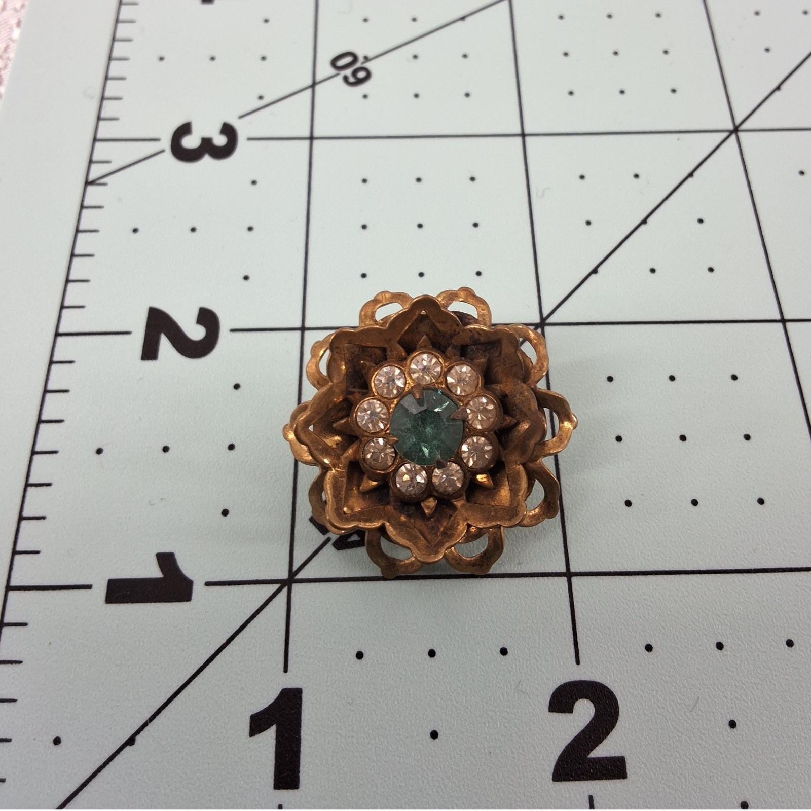Vintage Antique Gold Tone Layered Flower Rhinestone Brooch Pin